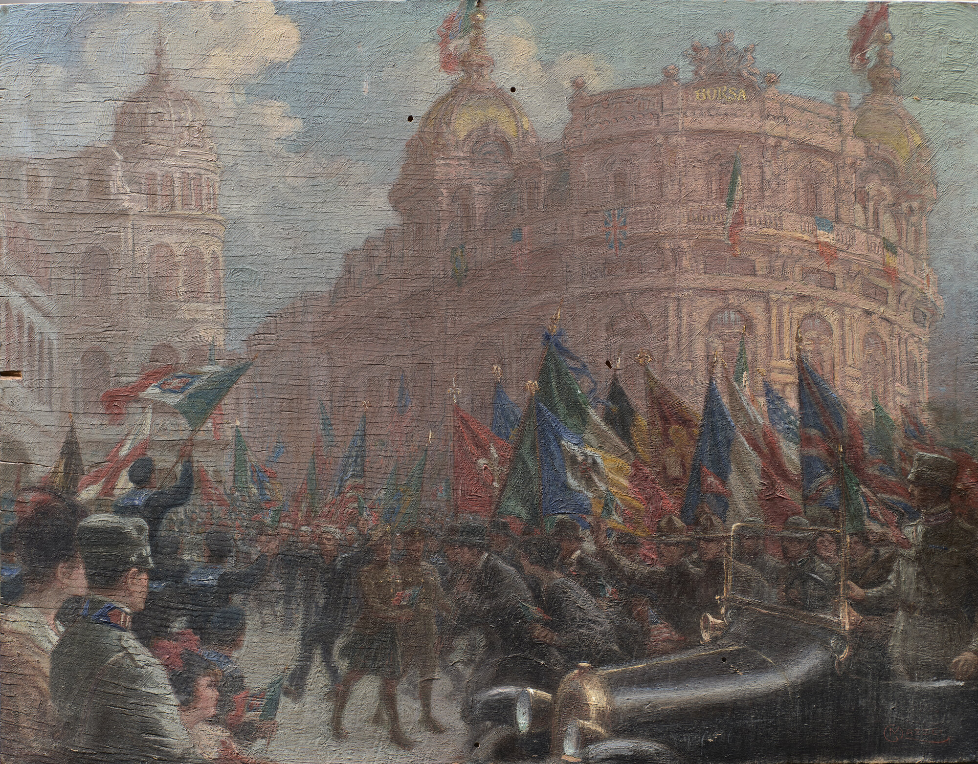 Genova 1918 - Nei giorni della vittoria, Piazza De Ferrari (dipinto - olio su tavola) di Mazzei, Giuseppe (XX)