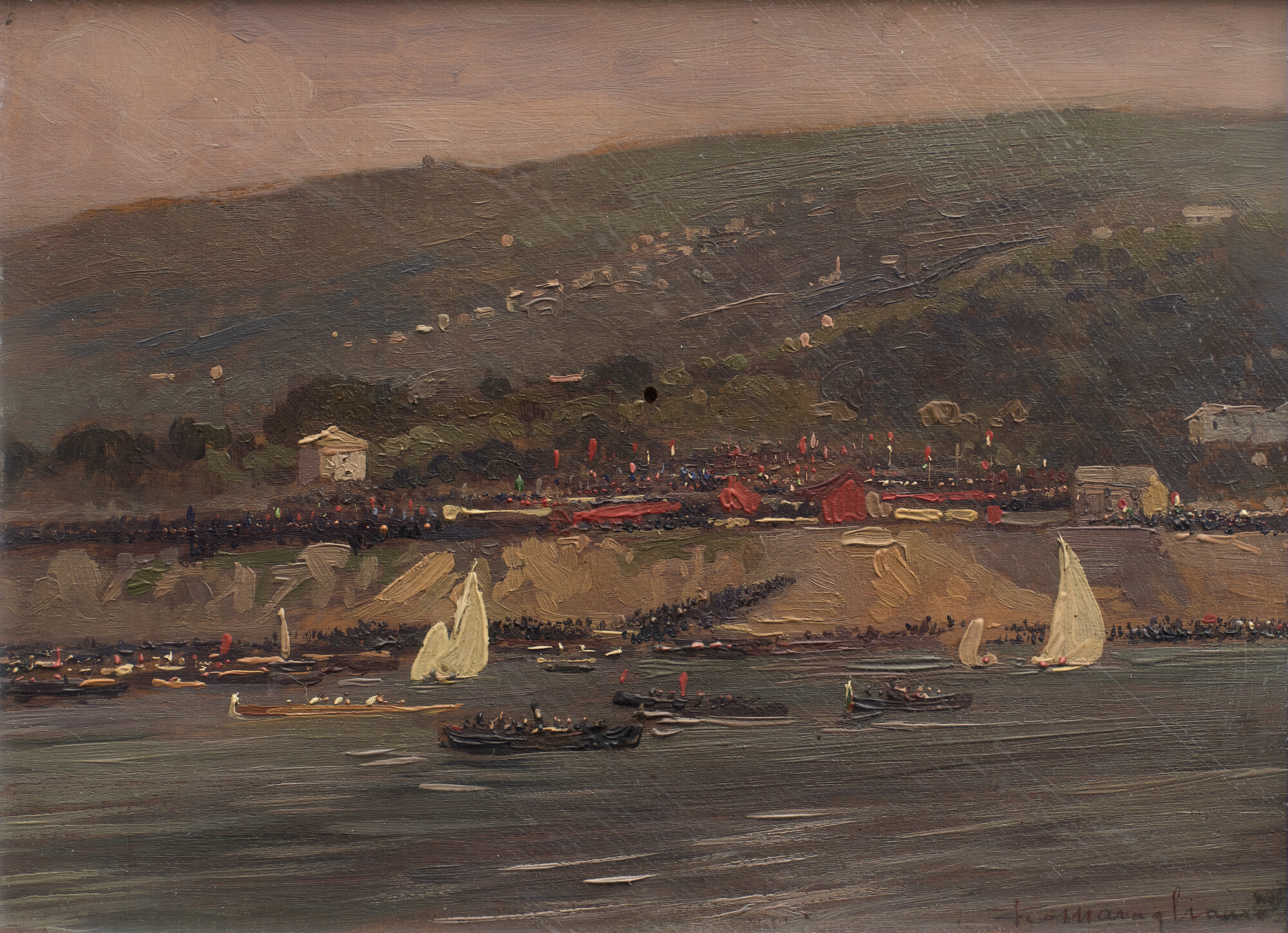 Genova 1915. Commemorazione della partenza dei Mille, paesaggio (dipinto - olio su tavola) di Maragliano, Federico (XX)