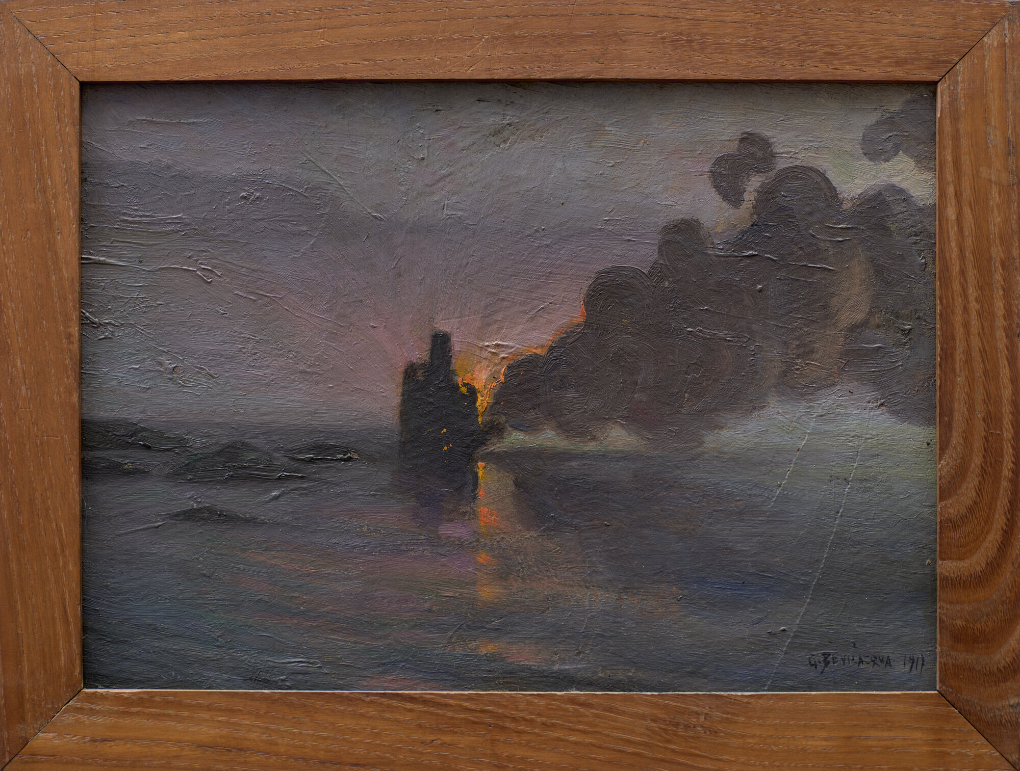 Guerra Mondiale I. Petroliera bruciata presso la spiaggia della Foce, nave in fiamme (dipinto - olio su tavola) di Bevilacqua, Giovanni (XX)