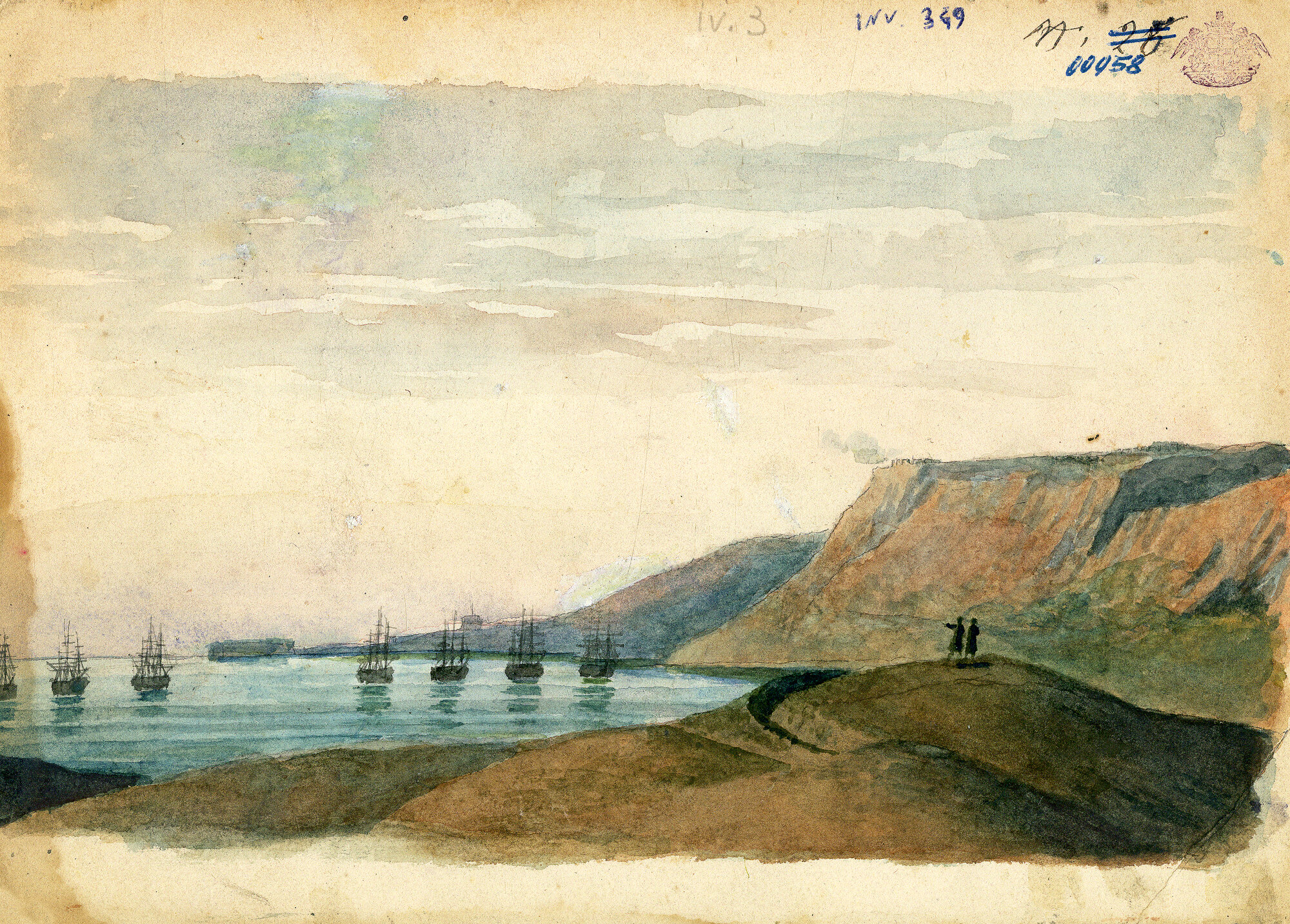 Guerra di Crimea - Navi in rada, paesaggio marino con barche (Acquerello) di Pintore, Eligio Raffaele (XIX)