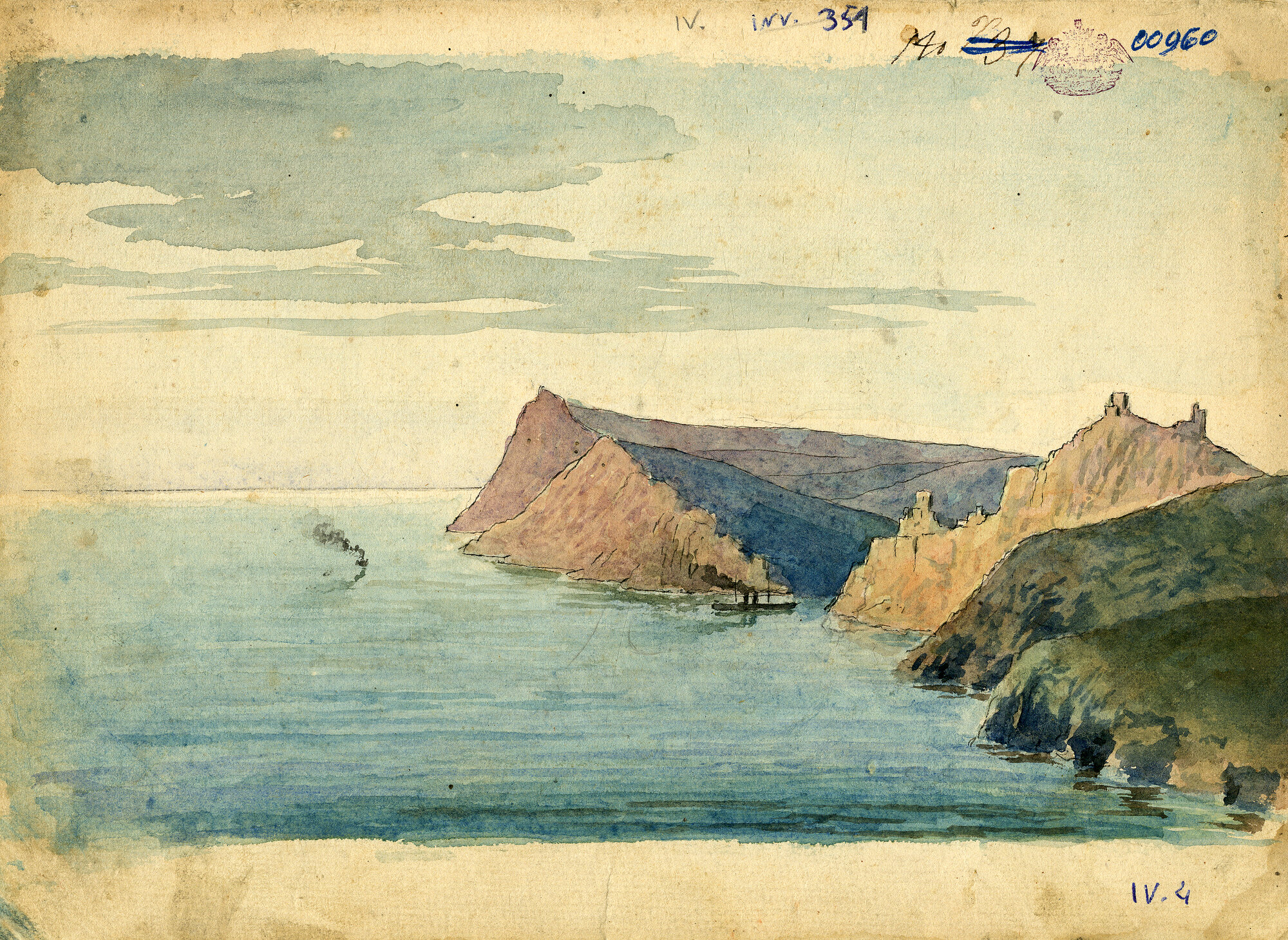 Nave che entra in una baia - Guerra di Crimea, paesaggio costiero (Acquerello) di Pintore, Eligio Raffaele (XIX)