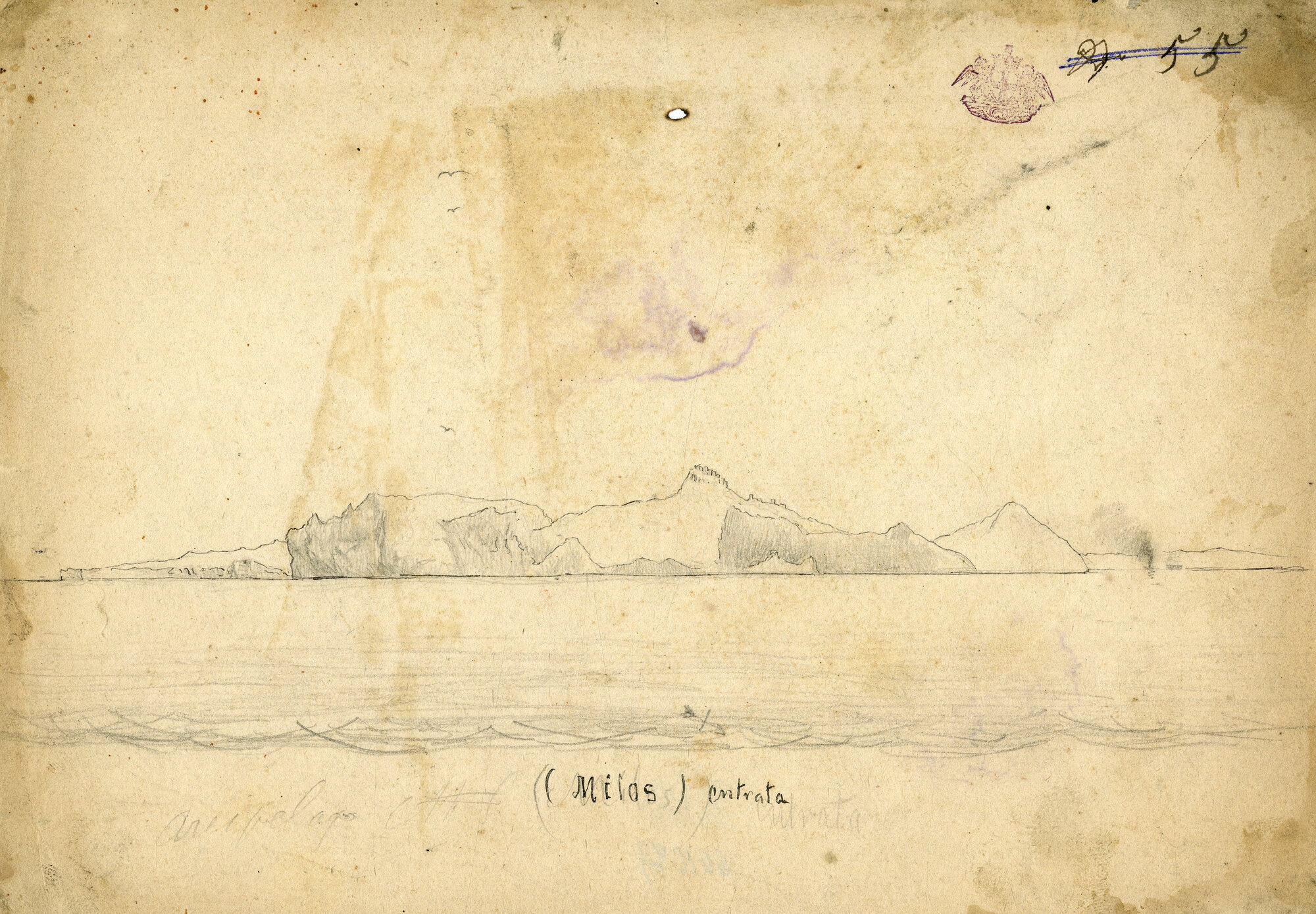 Milos. Panorama dal porto, isola (disegno) di Pintore, Eligio Raffaele (XIX)