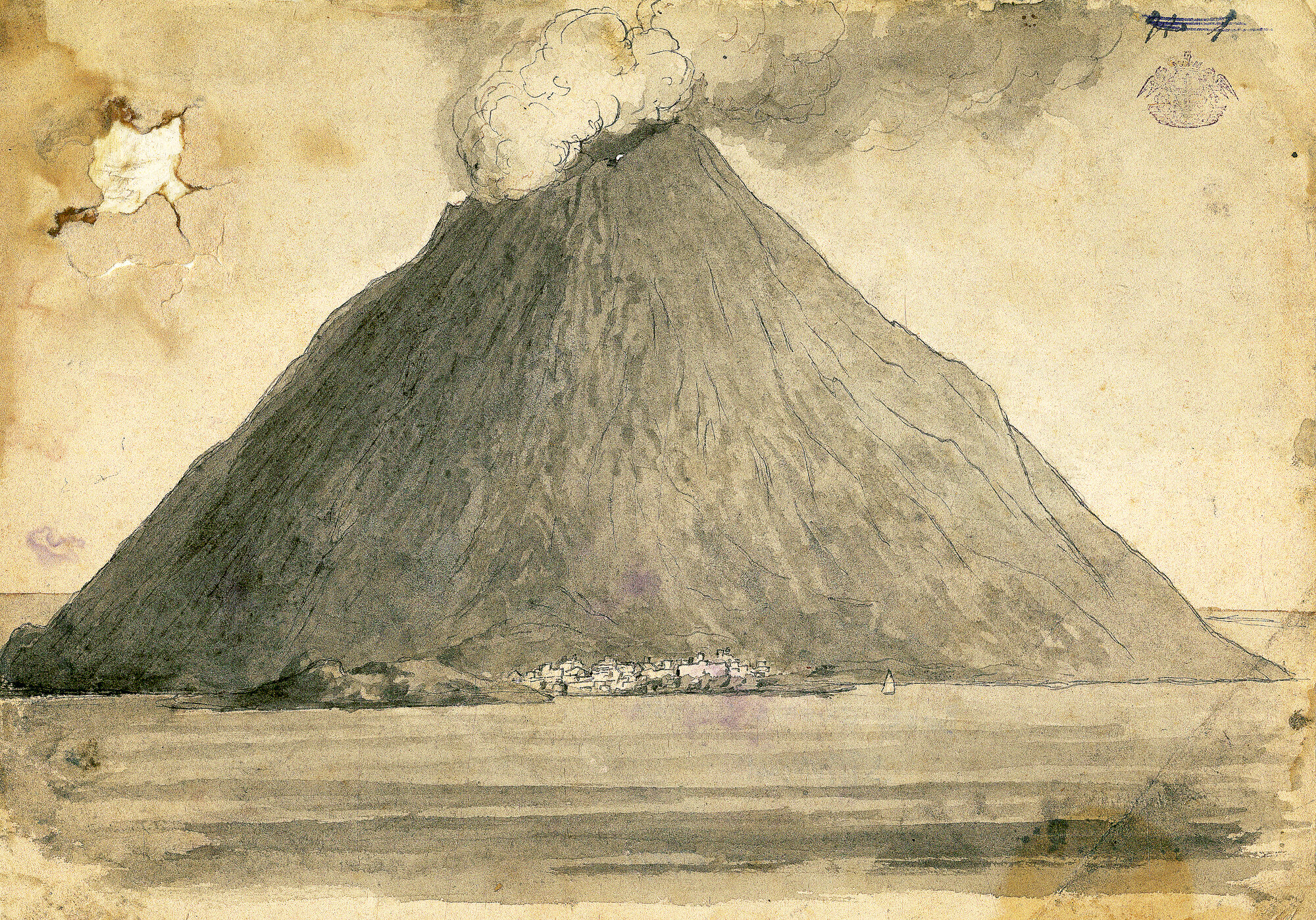 Stromboli. Volcano in eruzione, vulcano (Acquerello) di Pintore, Eligio Raffaele (XIX)