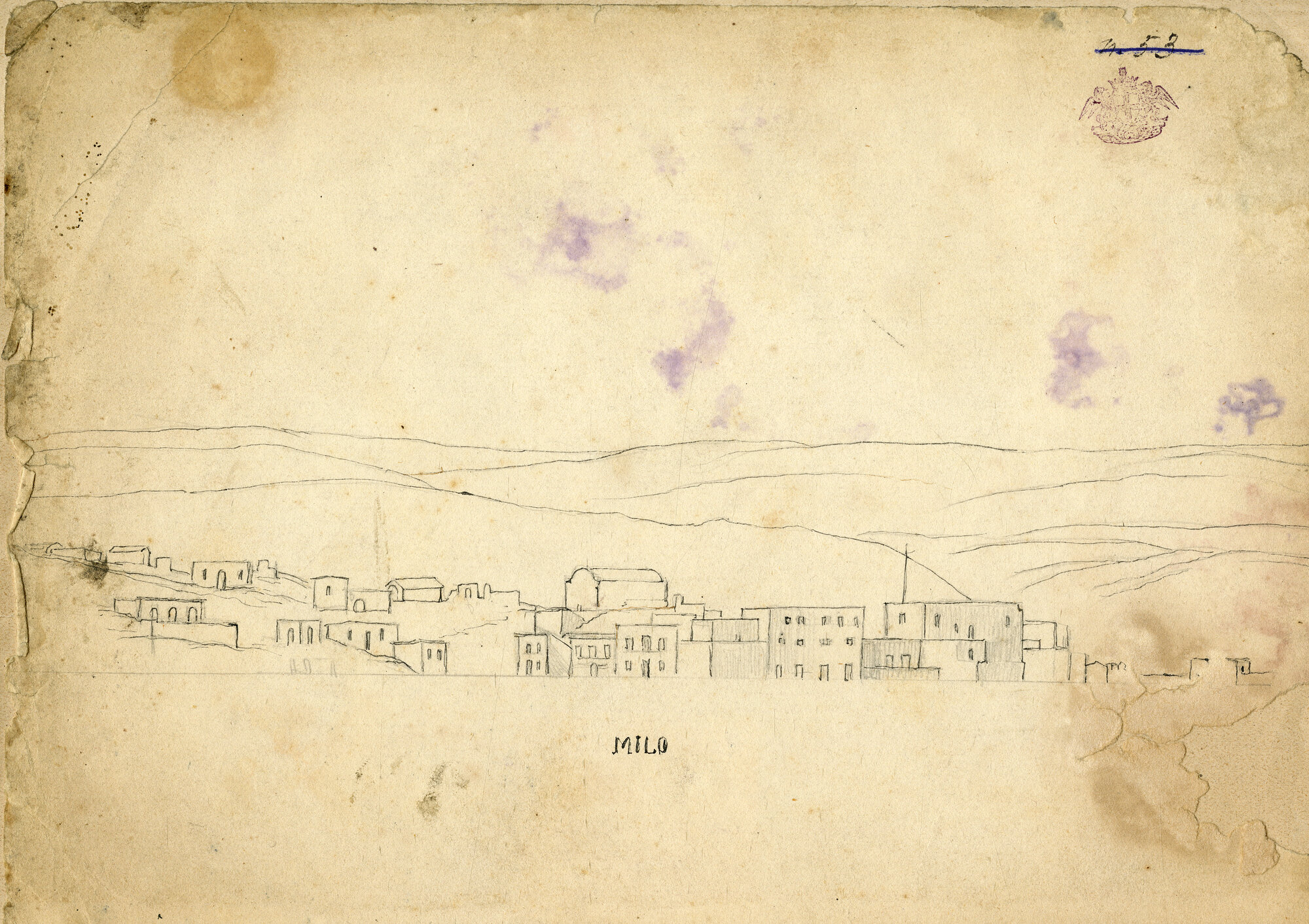 Milo. Panorama, paesaggio (disegno) di Pintore, Eligio Raffaele (XIX)