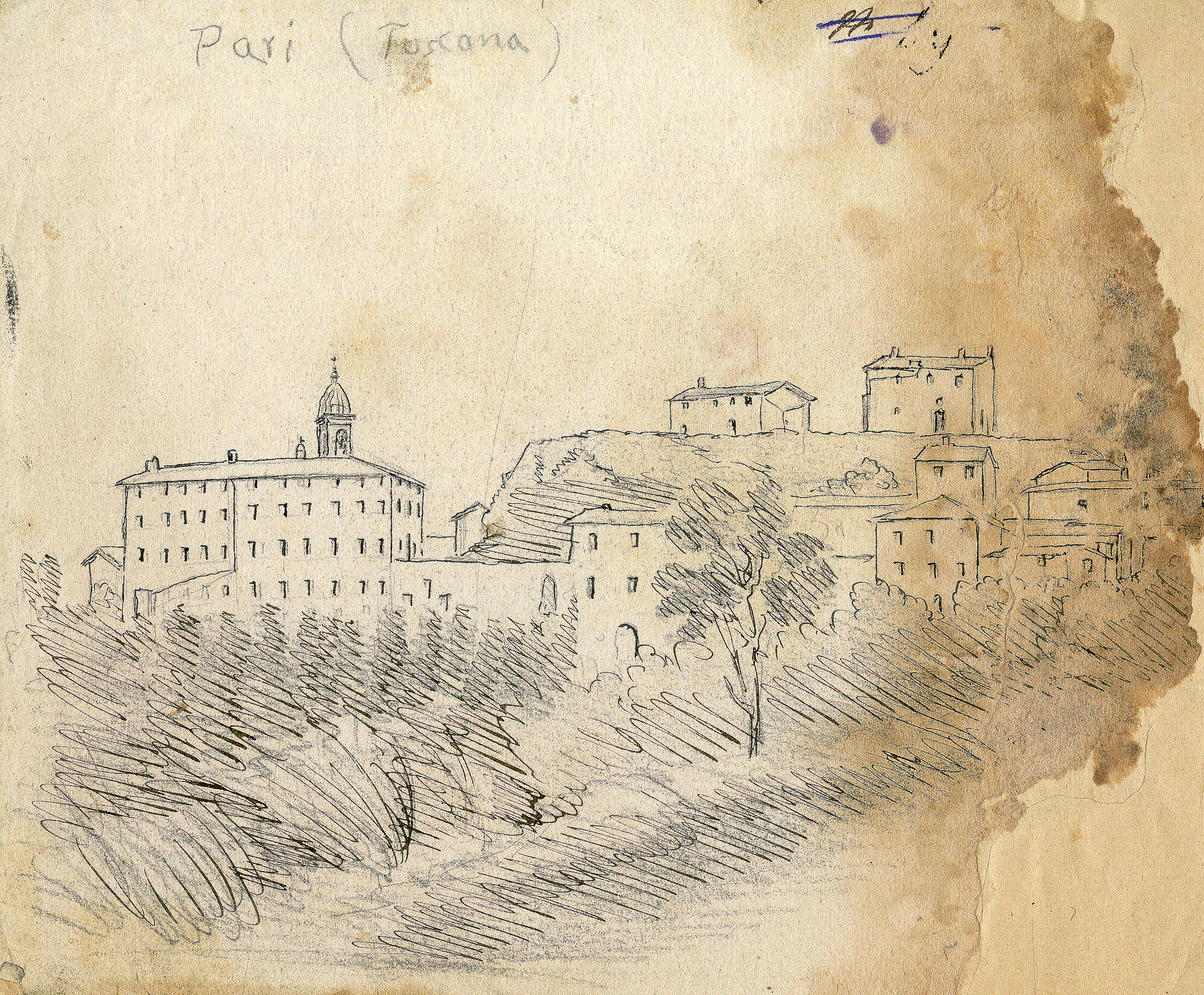 Pari. Toscana. Panorama, paesaggio (disegno) di Pintore, Eligio Raffaele (XIX)