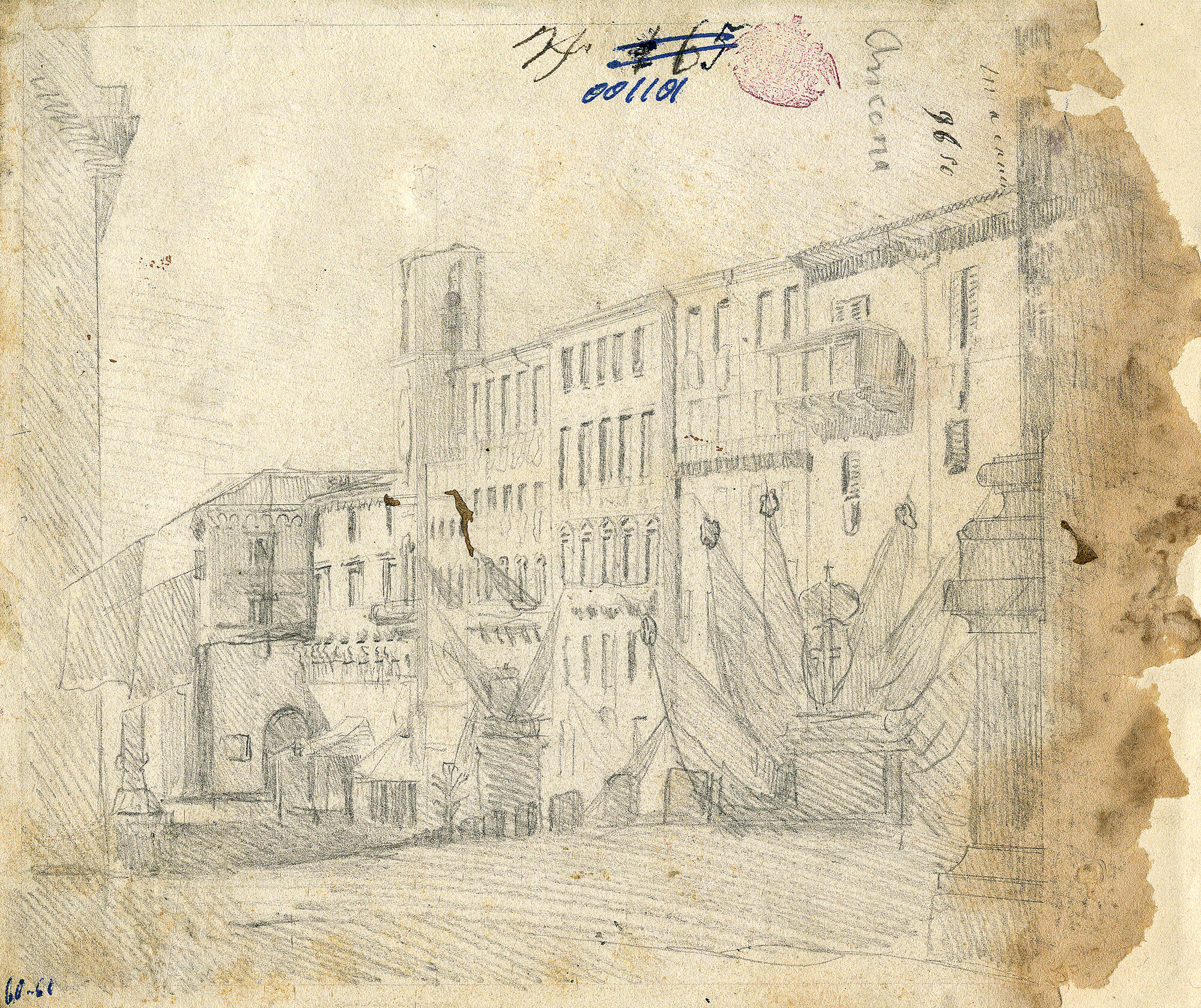 Ancona. Via cittadina. Ordinamento di bandiere sabaude, edificio (disegno) di Pintore, Eligio Raffaele (XIX)