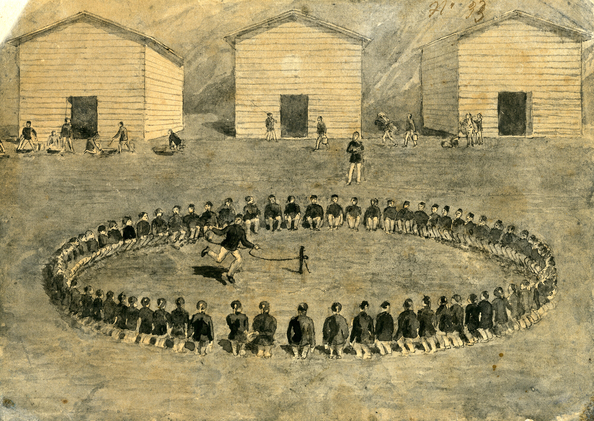 Guerra di Crimea. Ricreazione. Soldati in circolo innanzi a degli accampamenti, soldati (Acquerello) di Pintore, Eligio Raffaele (XIX)