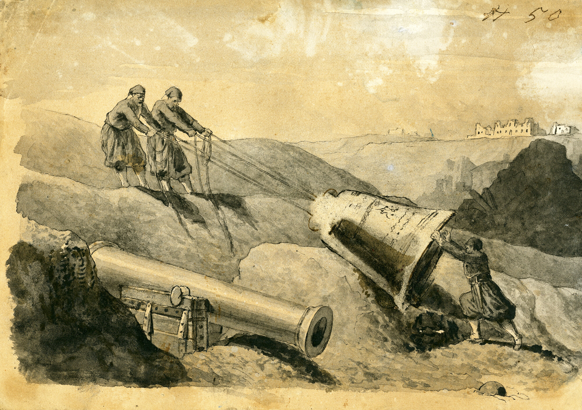 Guerra di Crimea. Cannoni e campane trainati verso una sommità, armi (Acquerello) di Pintore, Eligio Raffaele (XIX)