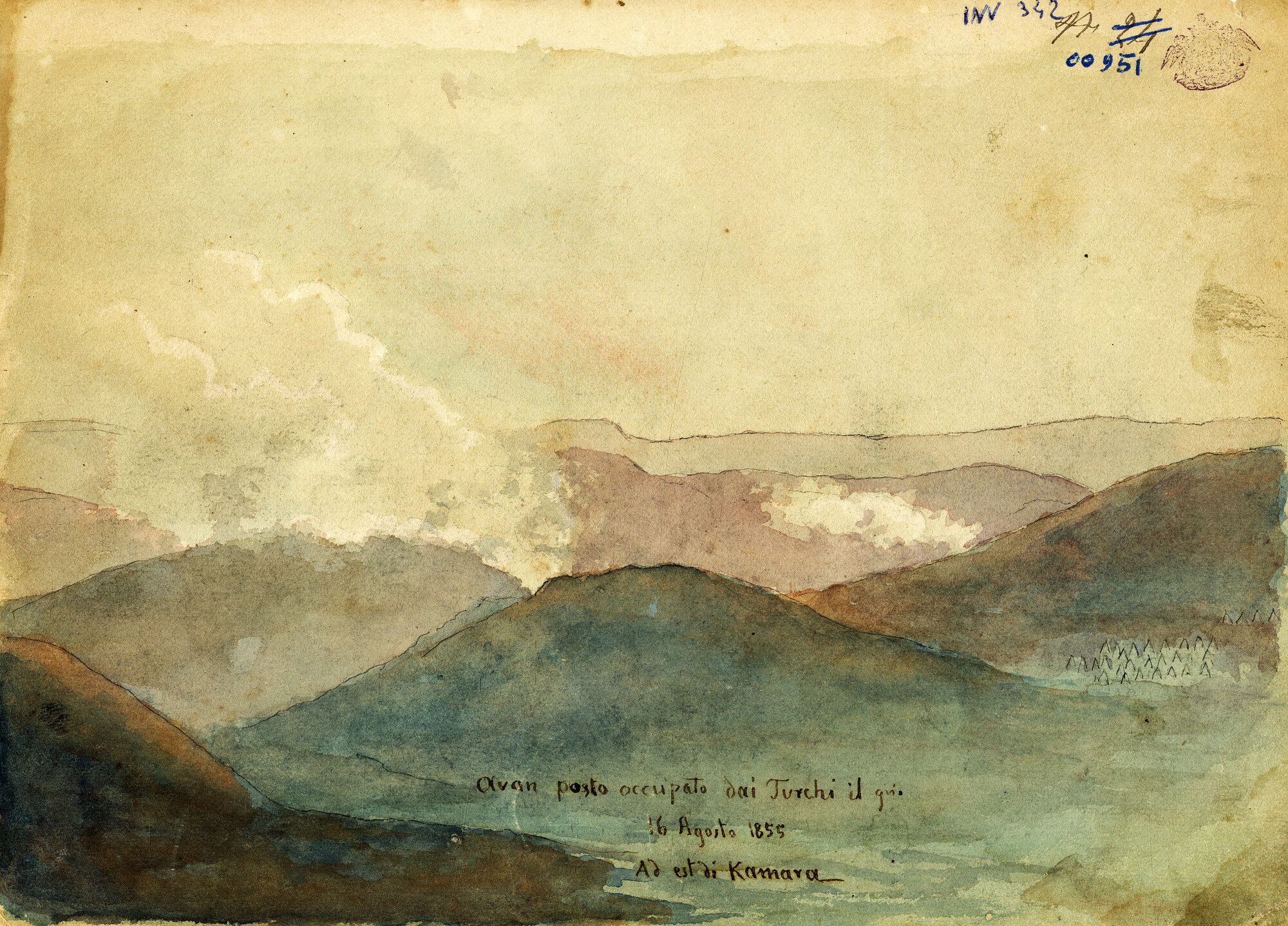 Guerra di Crimea. Avamposto occupato dai turchi il giorno 16 agosto 1855 ad est di Kaman, paesaggio collinare (Acquerello) di Pintore, Eligio Raffaele (XIX)