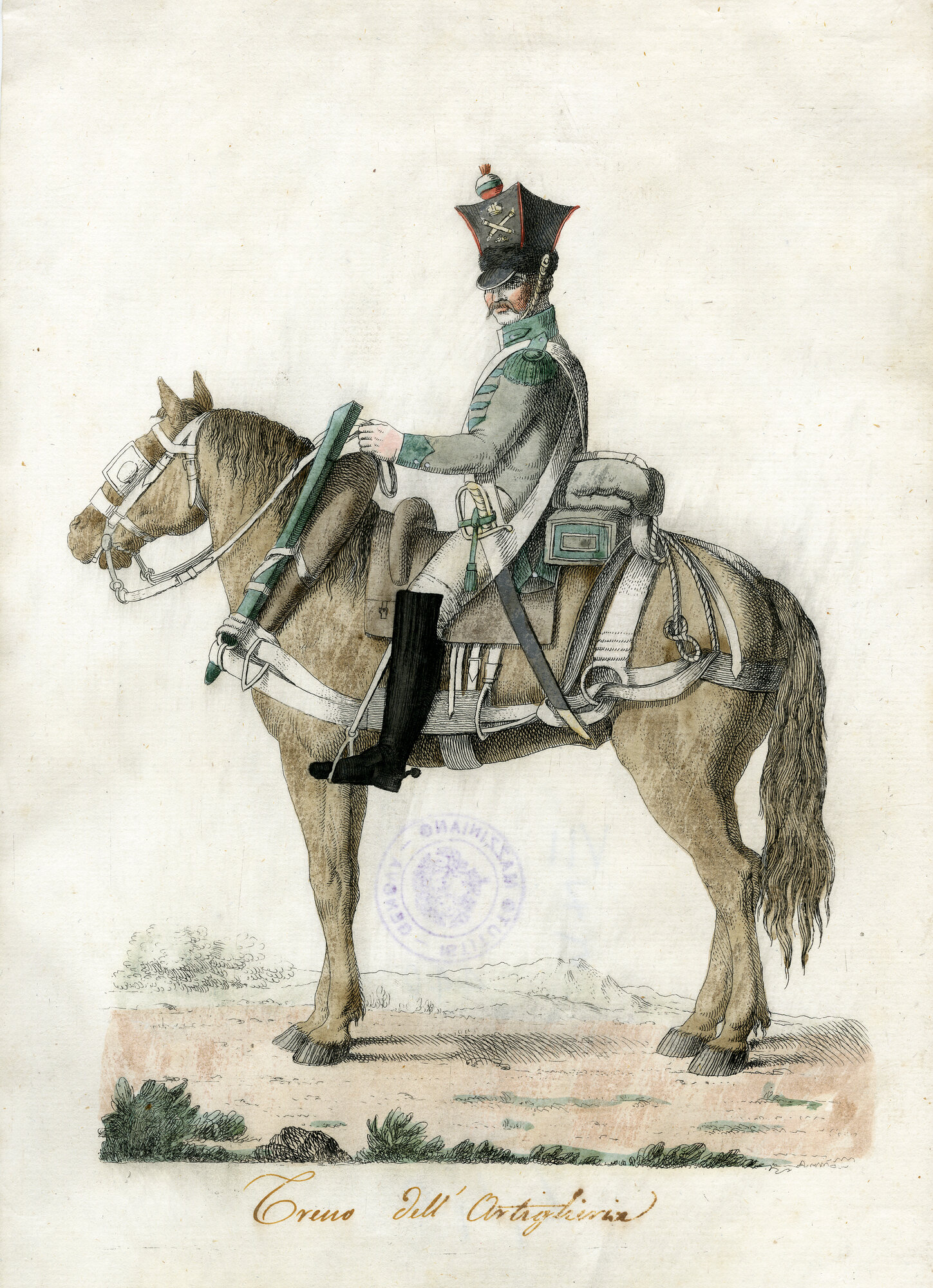 Treno dell'artiglieria, Militare a cavallo (Litografia) di Anonimo (XIX)