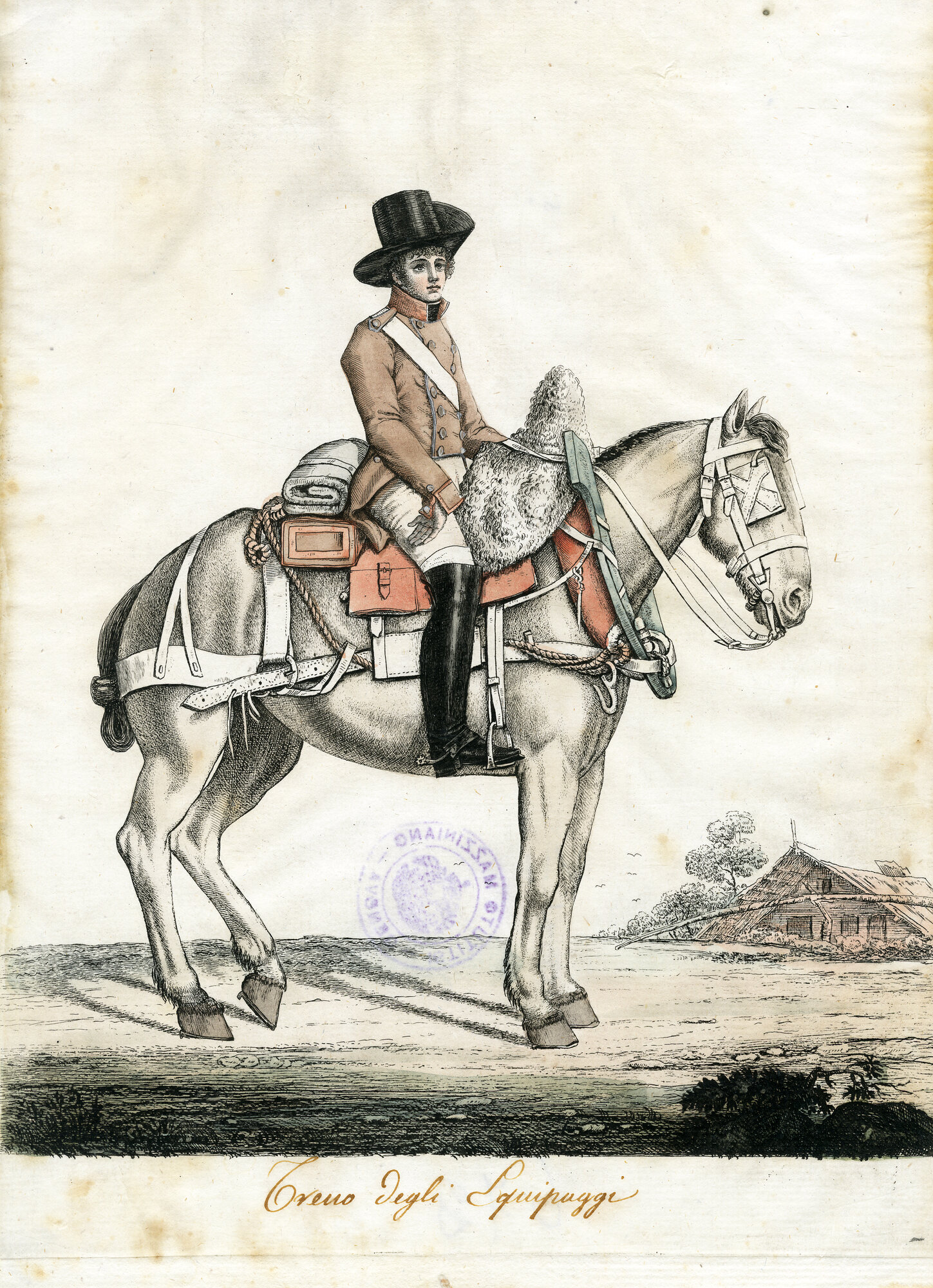 Treno degli equipaggi, Militare a cavallo (Litografia) di Anonimo (XIX)