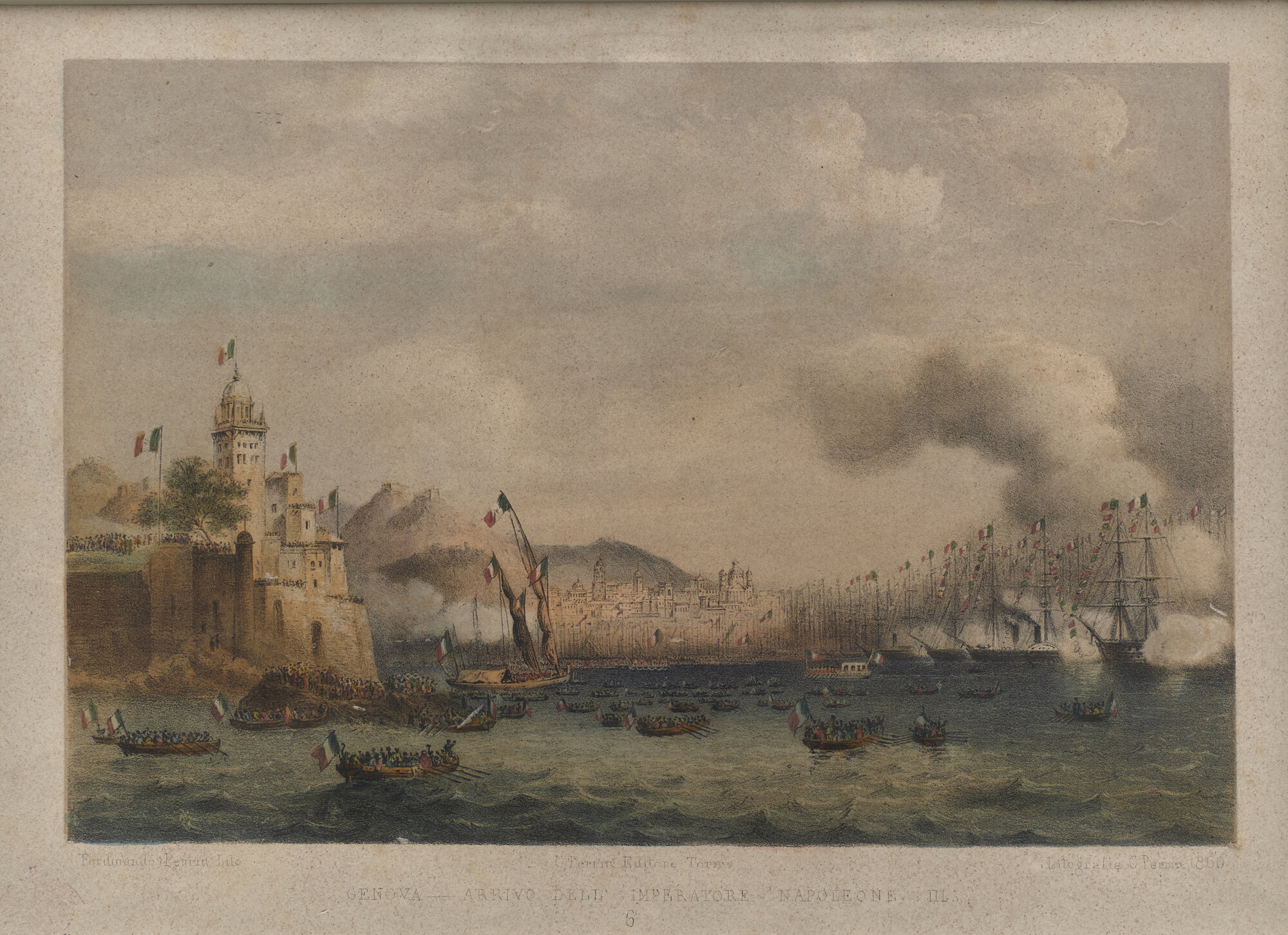 Genova - Arrivo dell'Imperatore Napoleone III, Napoleone III arriva a Genova (Litografia) di Perrin, Ferdinando (XIX)