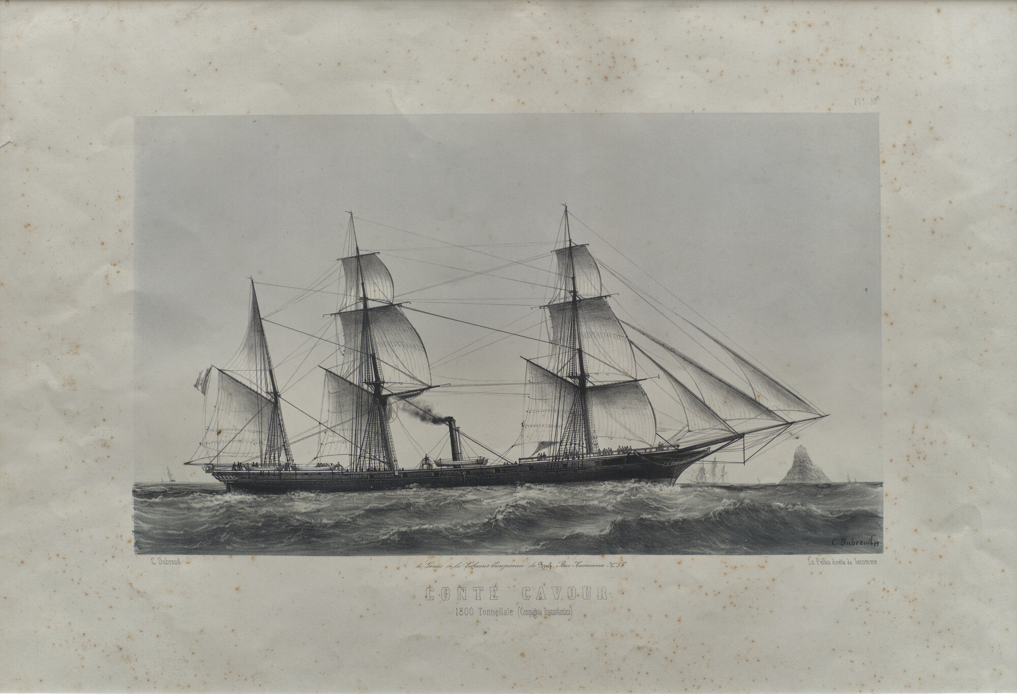 Vapore "Conte Cavour", Imbarcazione (Litografia) di Dubreuil, Chéri François (XIX)