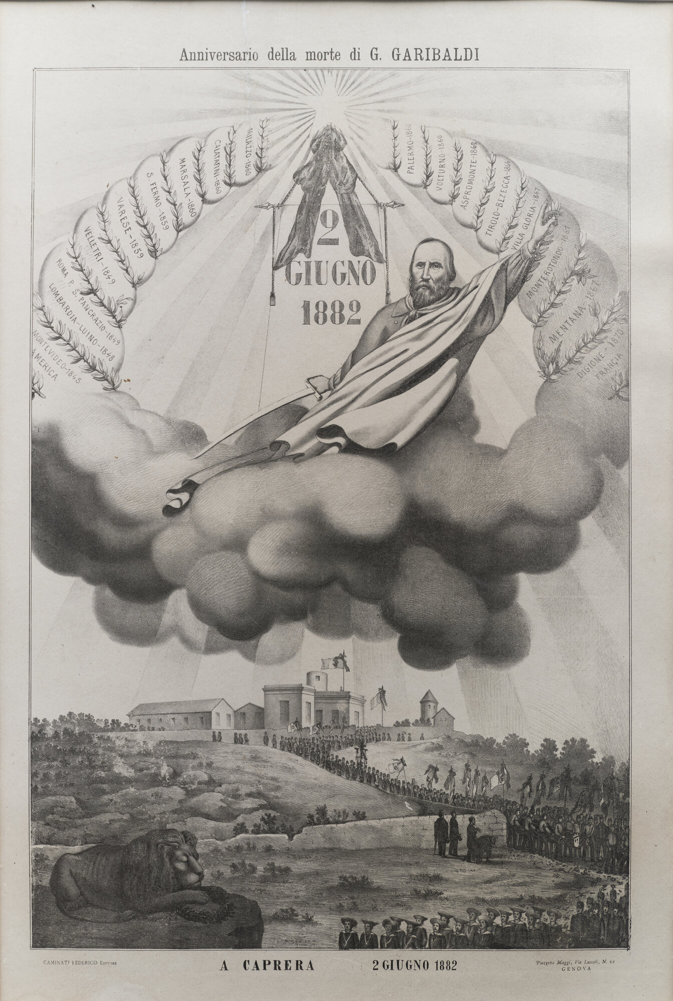 Anniversario della morte di G. Garibaldi. 2 giugno 1882. A Caprera, Giuseppe Garibaldi (Litografia) (XIX - XX)