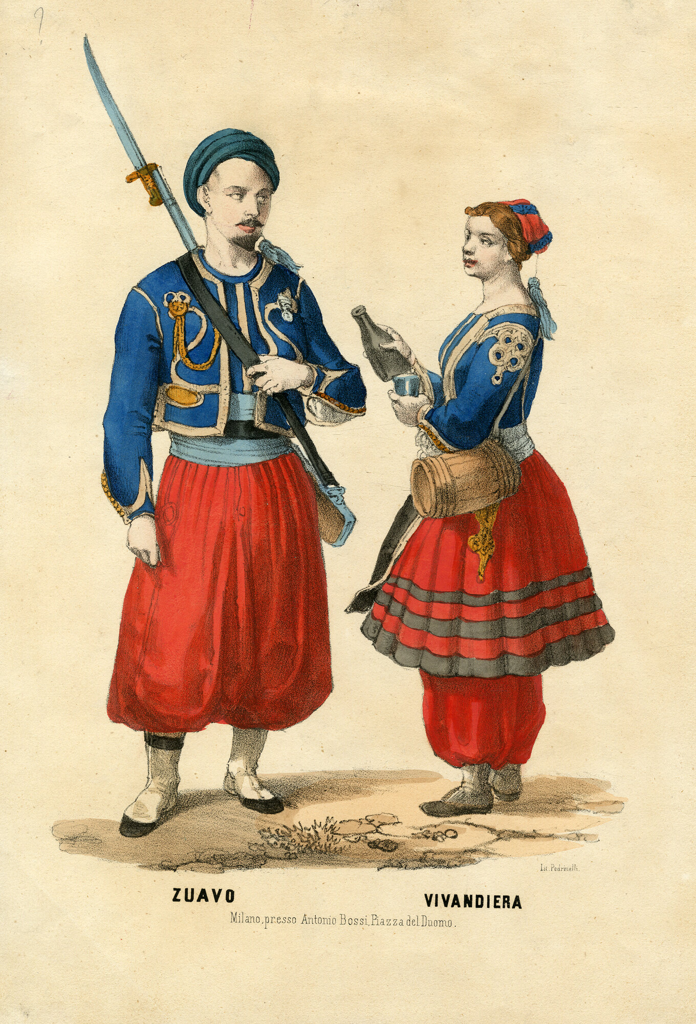 Zuavo-Vivandiera, Zuavo e vivandiera (Litografia) di Bossi, Antonio (XIX)