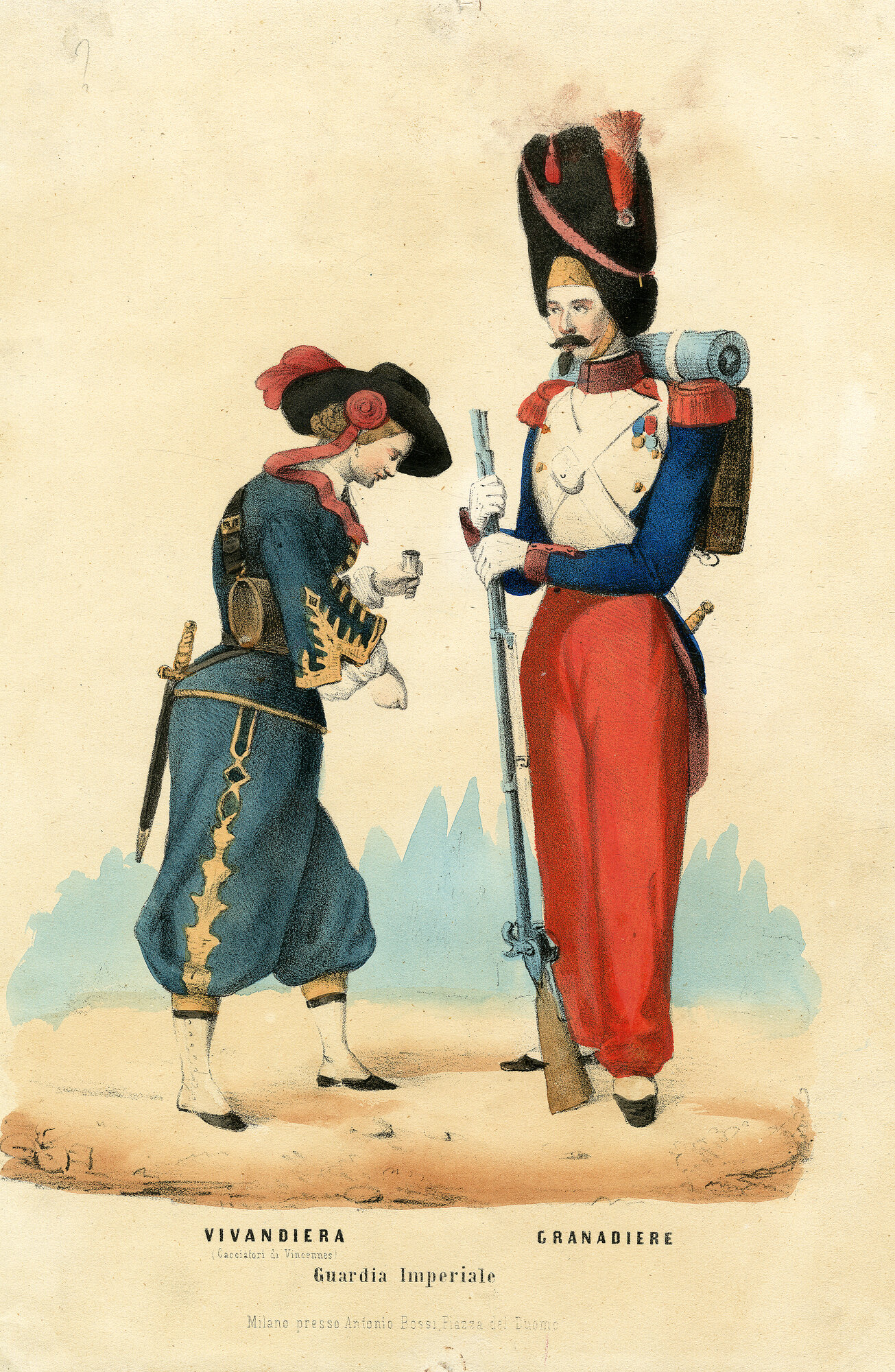 Guardia Imperiale: Vivandiera-Granatiere, Vivandiera e granadiere (Litografia) di Bossi, Antonio (XIX)