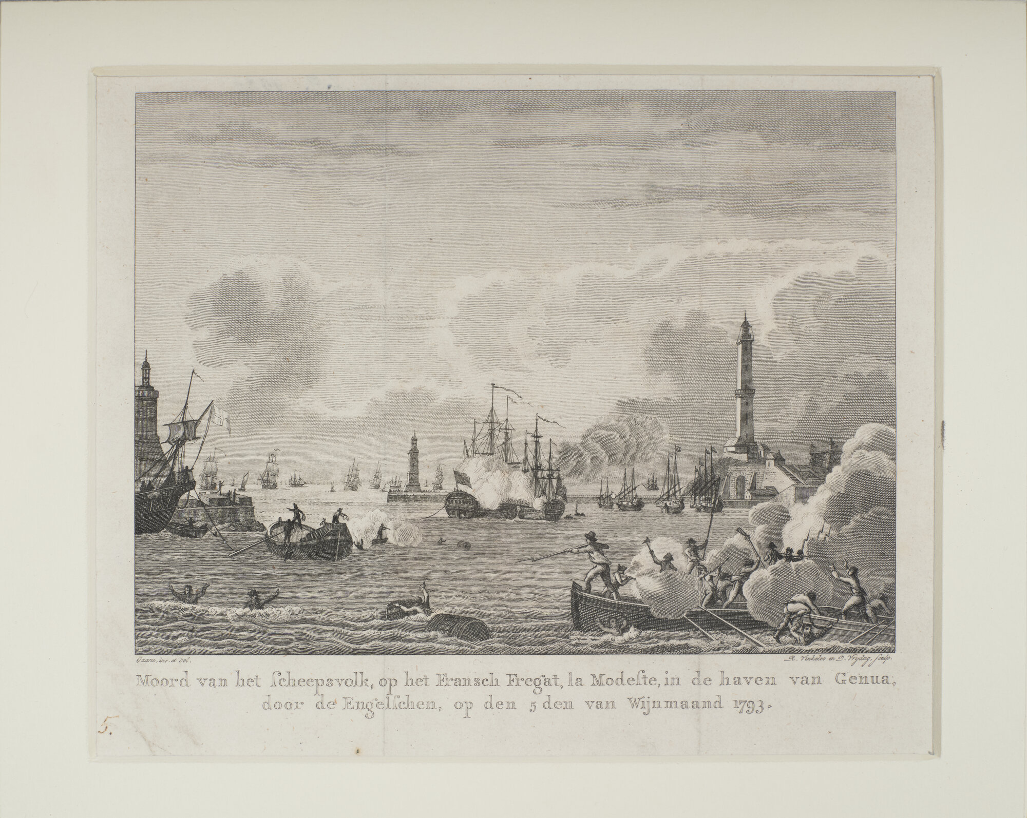 Moord van het Scheepsvolk, op het Fransch Fregat, la Modeste, in de haven van Genua, door de Engelschen, op den 5 den van Wijnmaand 1793, Episodio della "Modeste" (Incisione) di Vinkeles, Reiner, Vrydag, Daniel, Ozanne, Nicolas-Marie (XVIII)