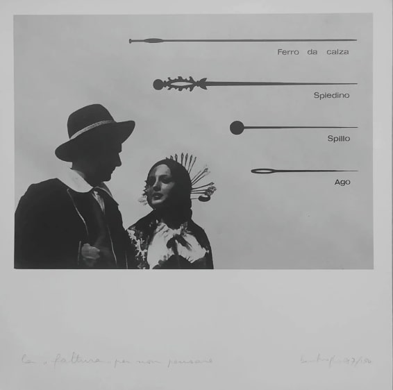 Analisi semiologica - La "fattura" per non pensare (La raggiera della donna è la sua condanna), Coppia di persone e oggetti da ricamo (dipinto, elemento di serie) di Bentivoglio (anni settanta XX)