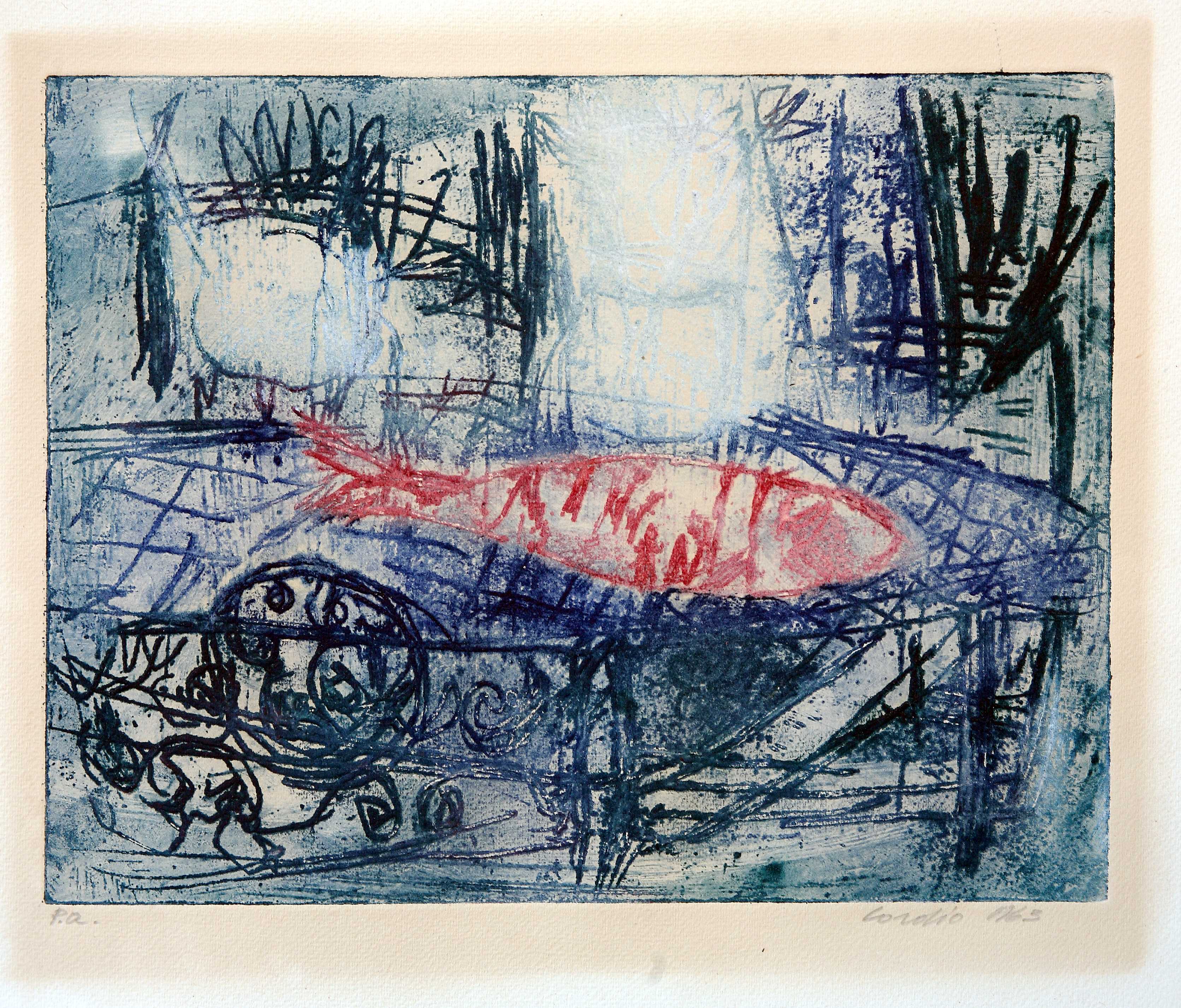 Pesce rosso, rappresentazione con soggetto animale in primo piano (dipinto, opera isolata) di Cordio, Nino (anni sessanta XX)