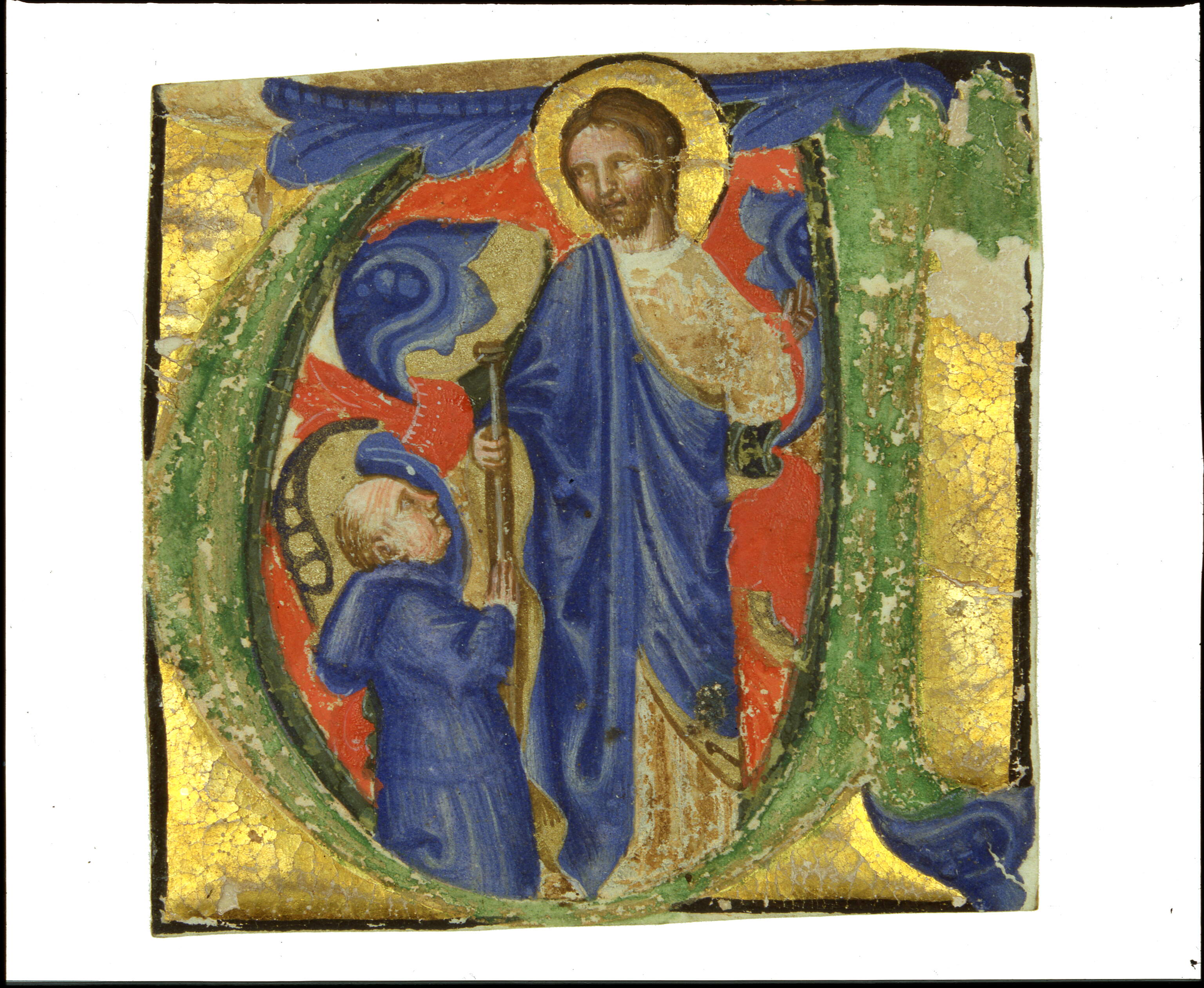 Iniziale "V" o "U" (San Giacomo con un devoto), San Giacomo Maggiore (miniatura, frammento) - ambito Italia settentrionale (seconda metà sec. XIV)
