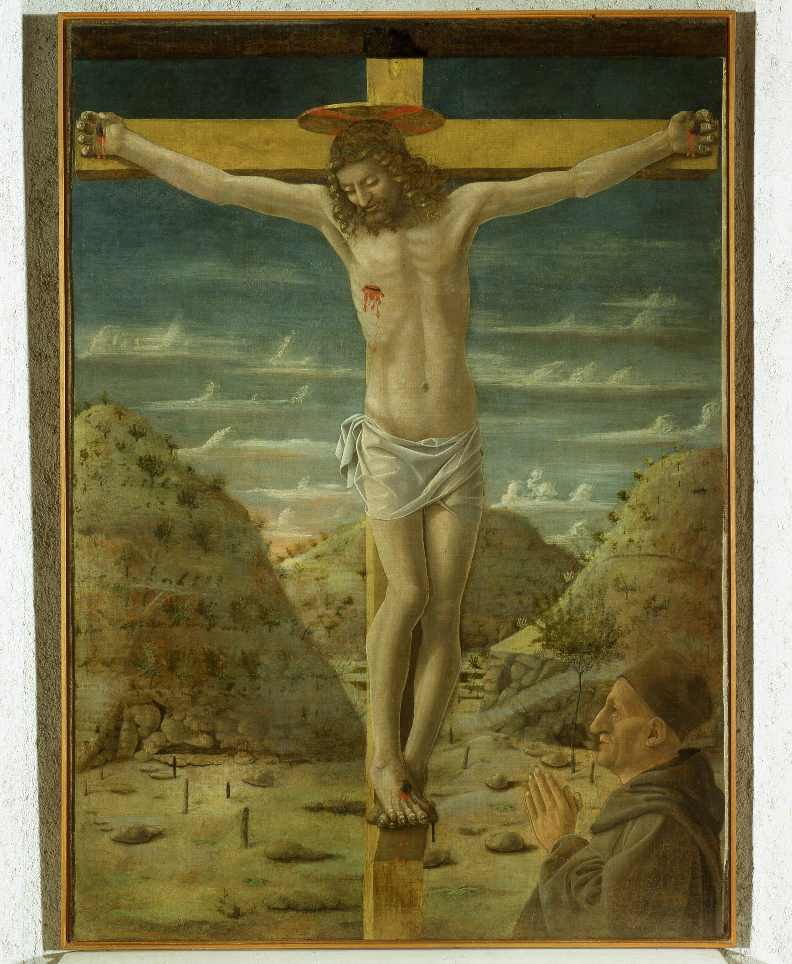 Crocifisso con busto di monaco orante, Crocifisso con busto di monaco orante (dipinto, opera isolata) di Canozi Cristoforo da Lendinara (seconda metà sec. XV)