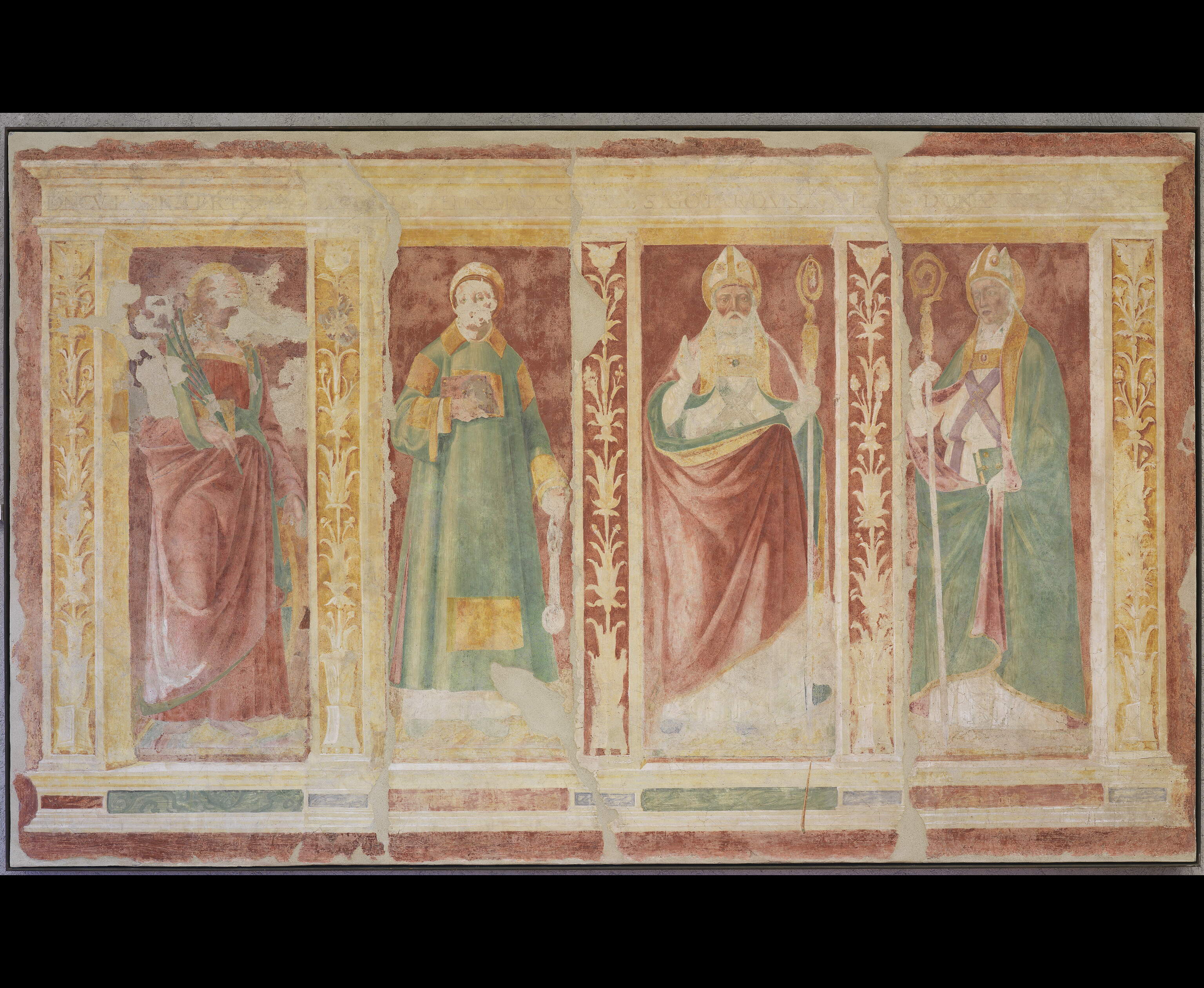 Polittico del Paladon, I santi Caterina, Leonardo, Gottardo e Domenico (dipinto murale, frammento) di Morone Domenico (sec. XVI)