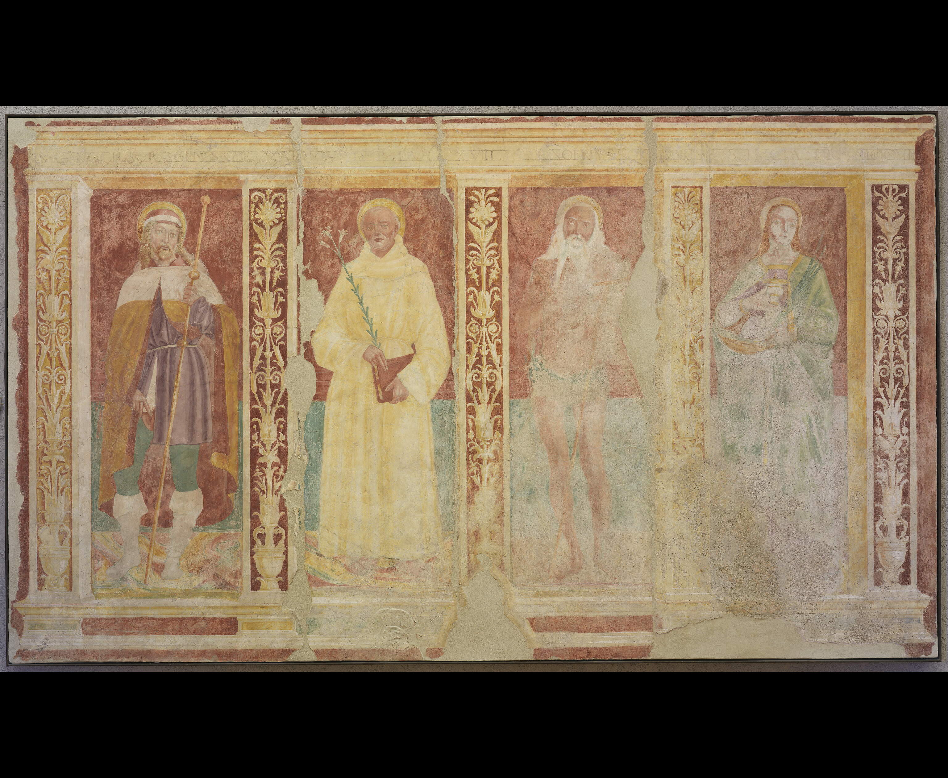 Polittico del Paladon, I santi Rocco, Antonio di Padova, Onofrio e Lucia (dipinto murale, frammento) di Morone Domenico (sec. XVI)