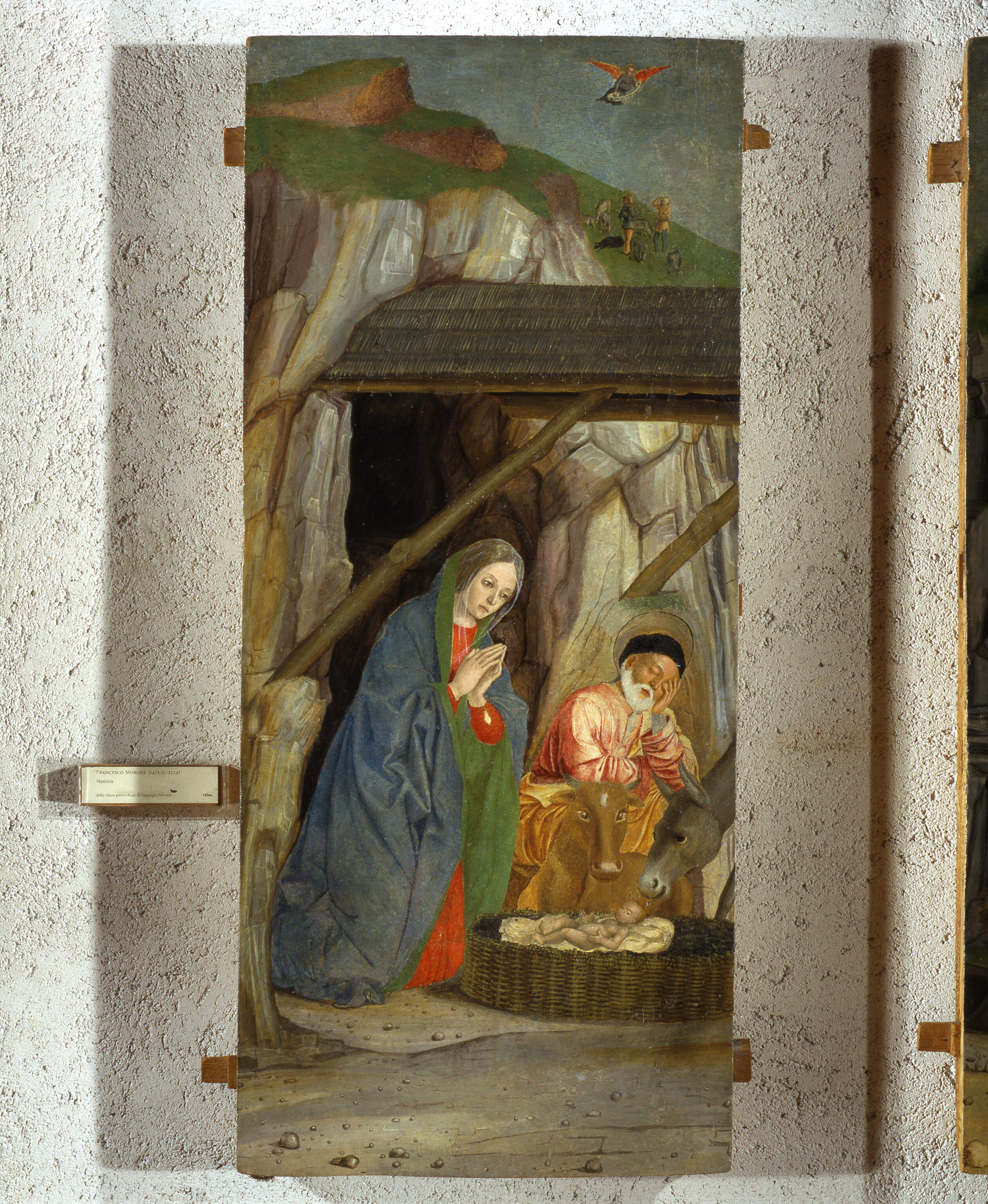 Natività, Imago pietatis, Angelo annunciante, Vergine annunciata, San Giovanni battista, Imago pietatis, angelo annunciante, Vergine annunciata, natività, San Giovanni Battista (polittico dipinto, frammento) di Morone Domenico, Morone Francesco (e aiuti) (sec. XVI)