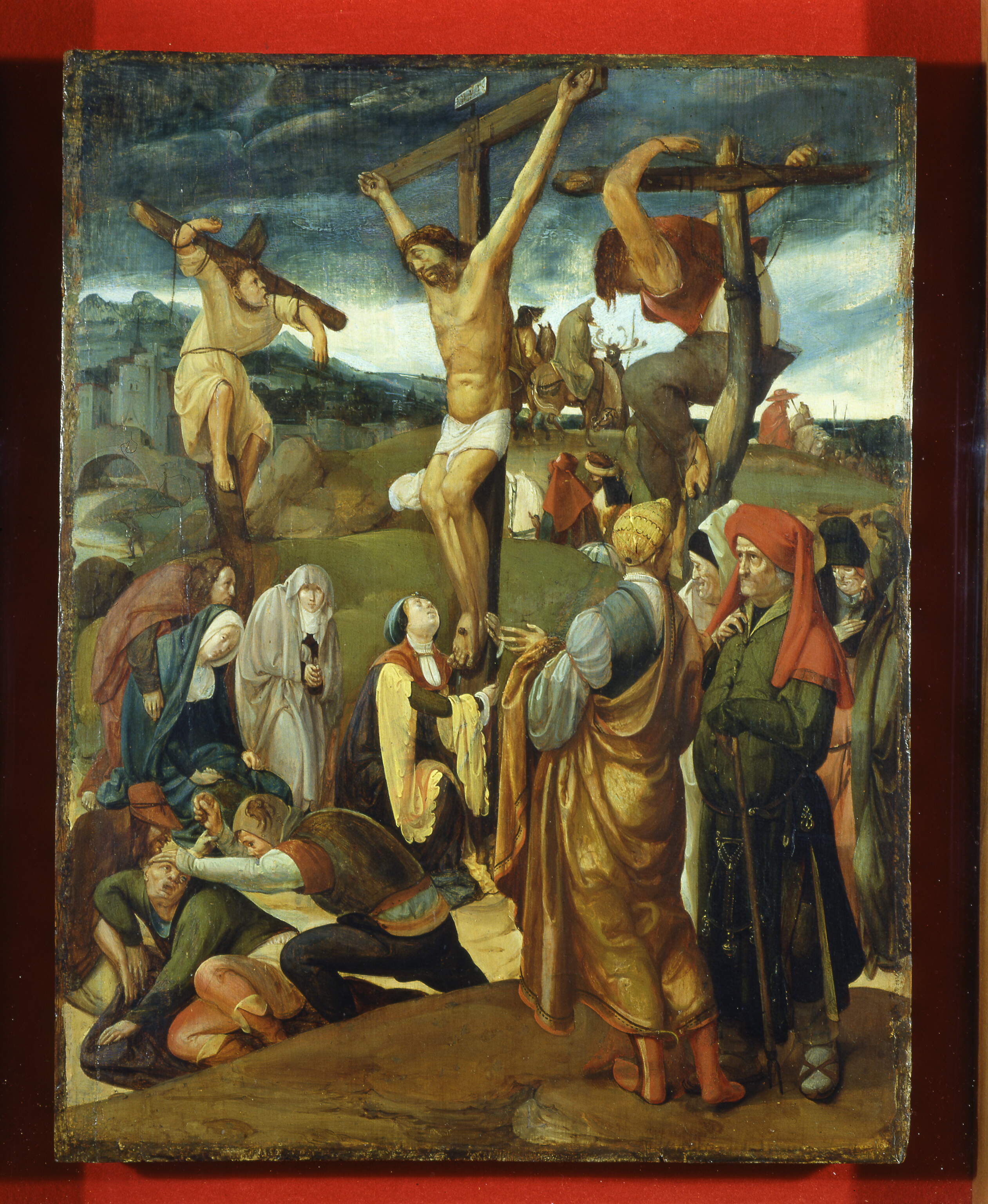 Crocifissione, Crocifissione (dipinto, opera isolata) di Engebrechtsz Cornelis (cerchia) (secc. XVI-XVI)