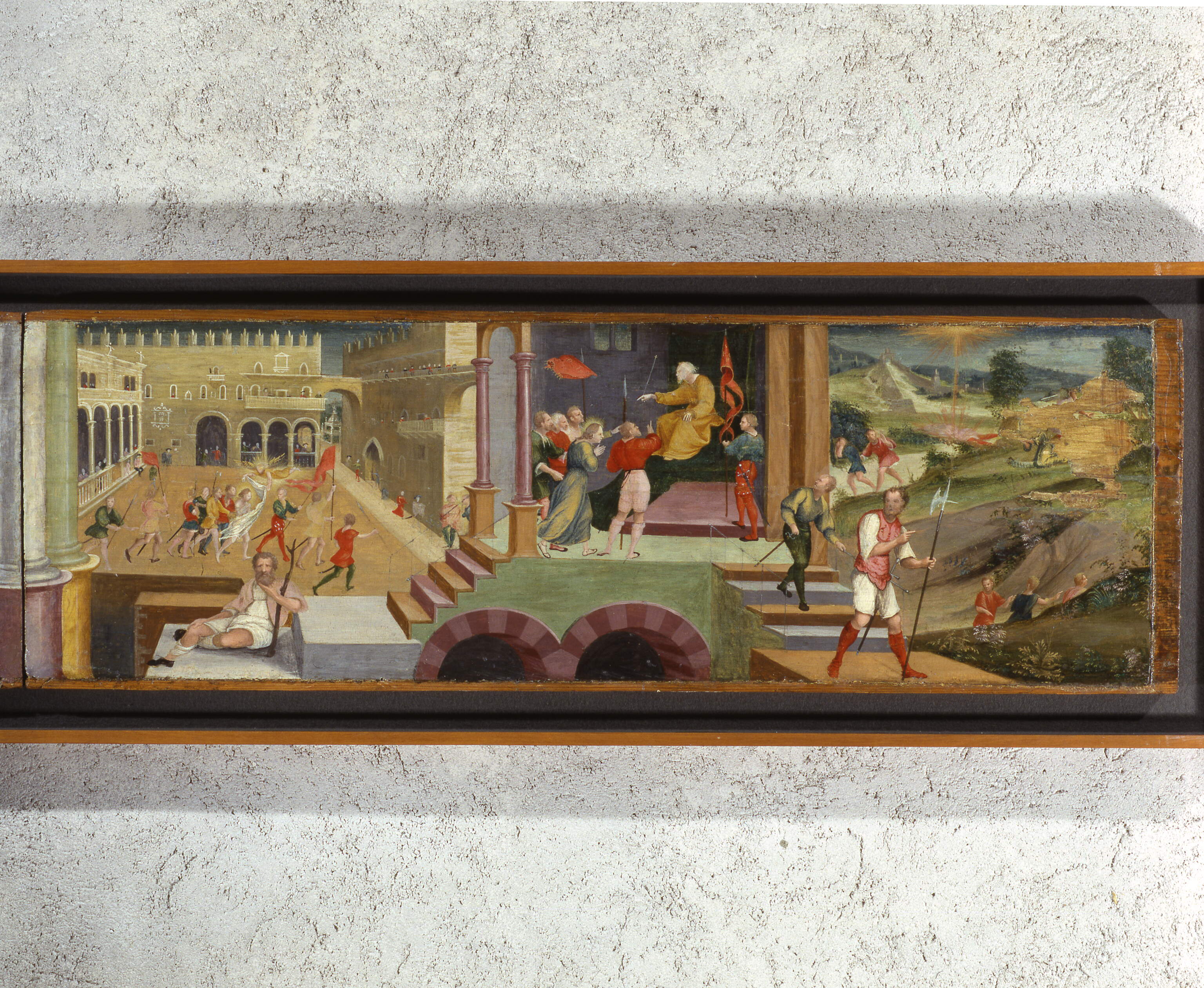 Storie di santa Barbara, episodi della vita di Santa Barbara (predella dipinta, frammento) di Giolfino Nicola (secc. XVI-XVI)