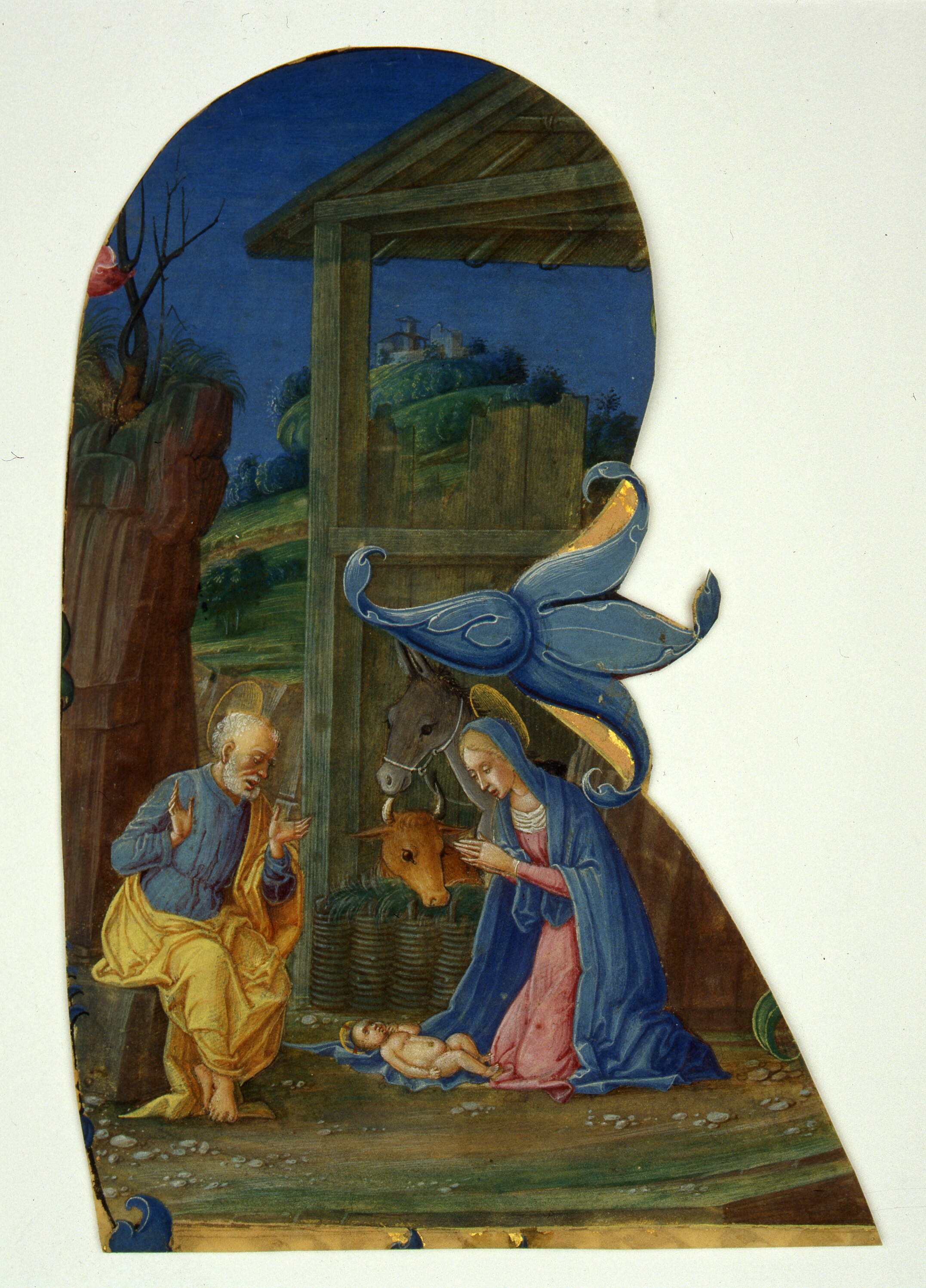 Campo interno dell'iniziale "R" istoriata con "Natività di Gesù", natività di Gesù (miniatura, frammento) di Dai Libri Francesco (secc. XV-XV)