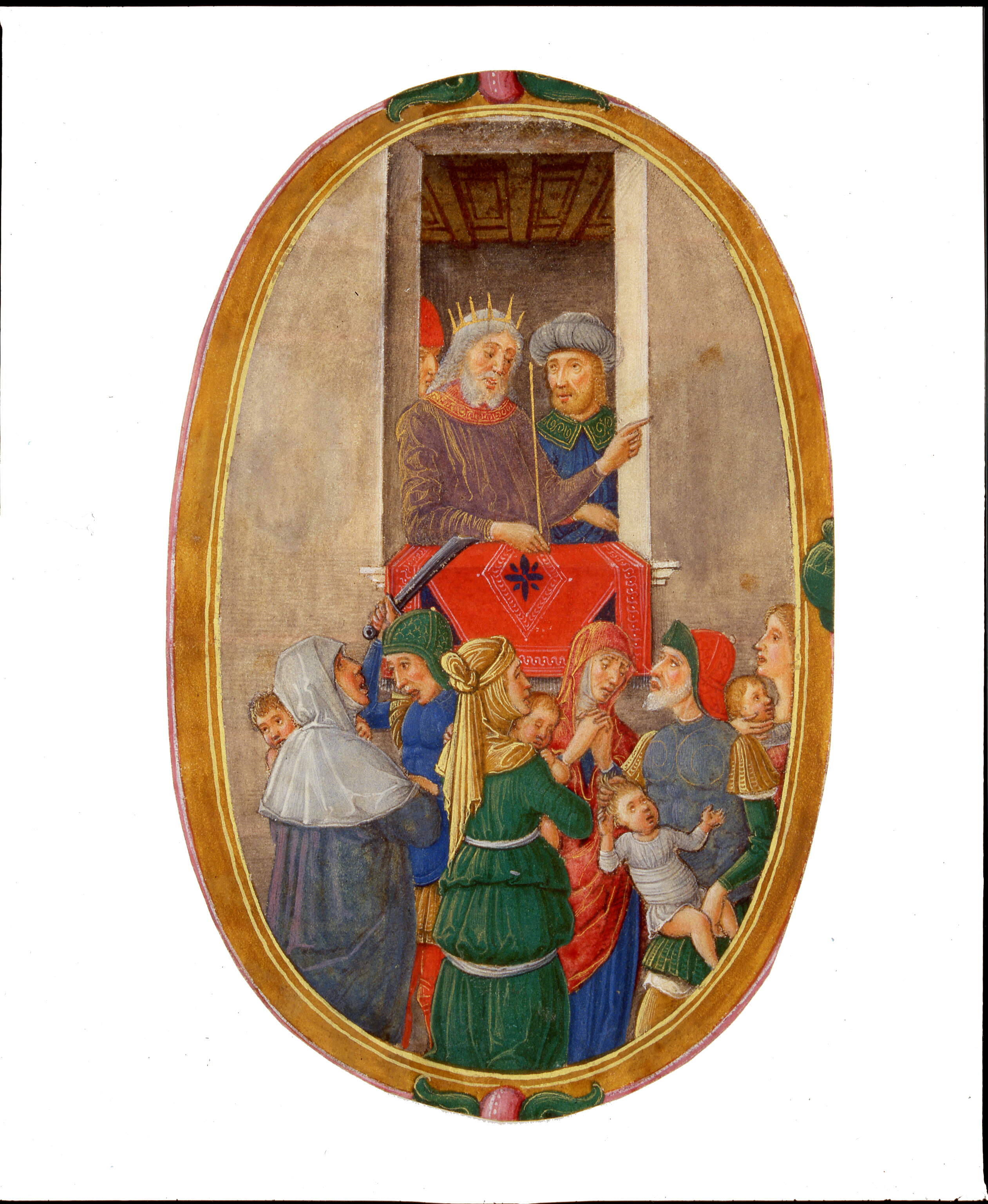 Ovale centrale di una lettera iniziale "C[entum quadraginta quatuor milia], istoriata con "Strage degli innocenti", strage degli innocenti (miniatura, frammento) di Dai Libri Francesco (secc. XV-XV)