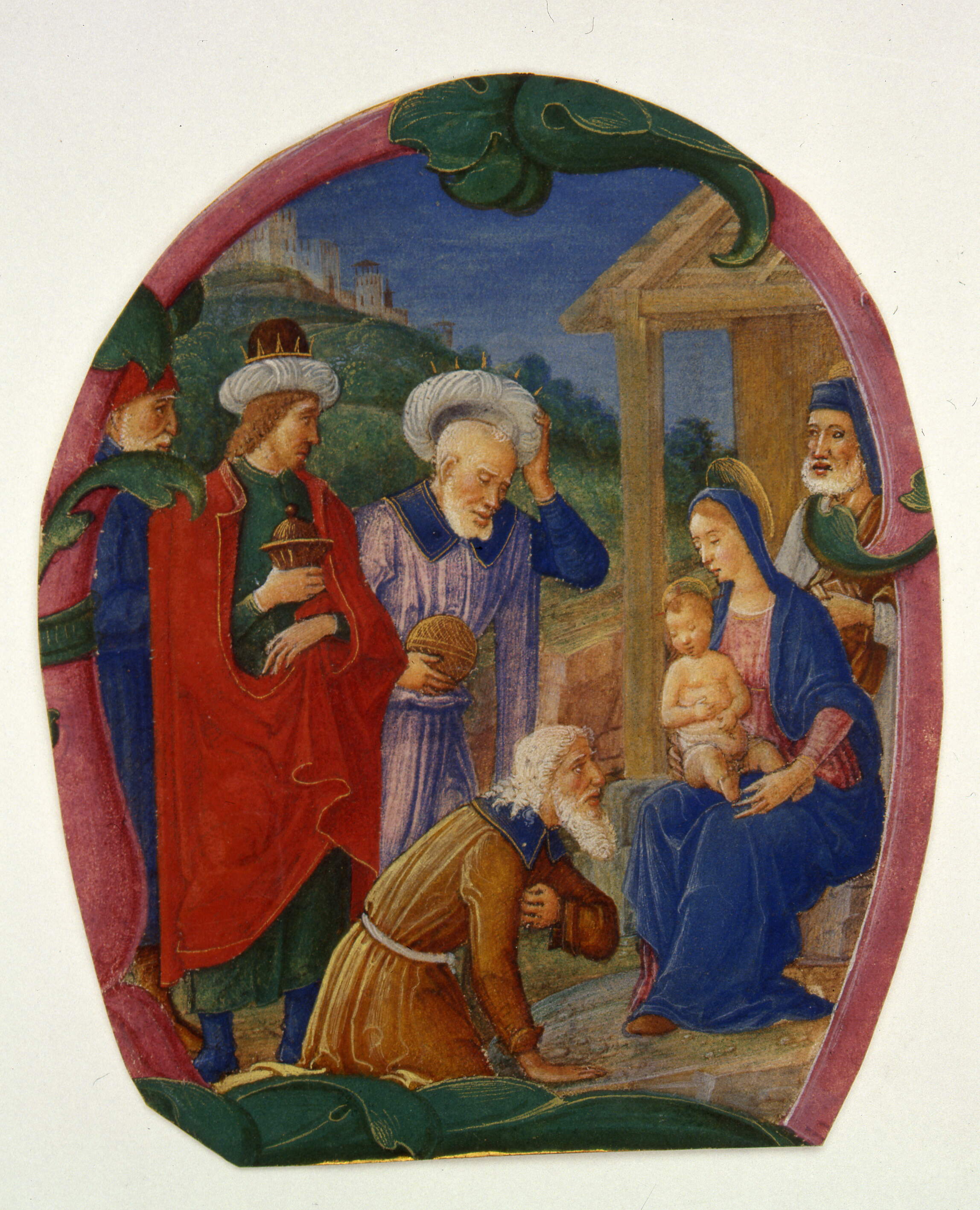 Parte di iniziale "H[odie in Jordane]", istoriata con "Adorazione dei Magi", Adorazione dei Magi (miniatura, frammento) di Dai Libri Francesco (secc. XV-XV)