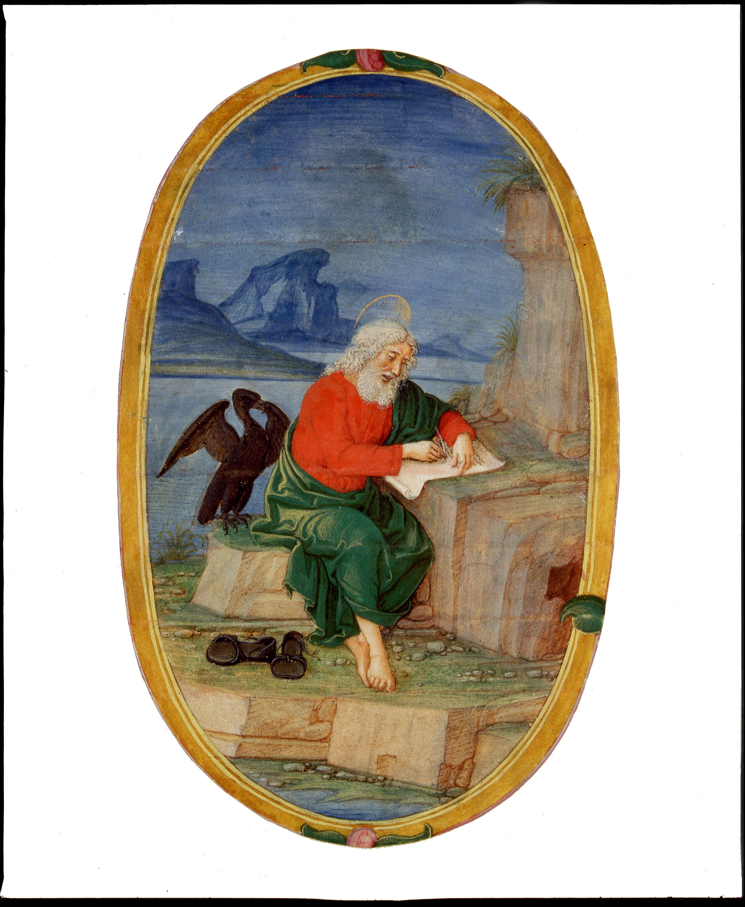 Parte iniziale con ampio spazio ovale centrale, non identificabile con sicurezza, istoriata con "San Giovanni in Patmos", San Giovanni Evangelista in Patmos (miniatura, frammento) di Dai Libri Francesco (secc. XV-XV)