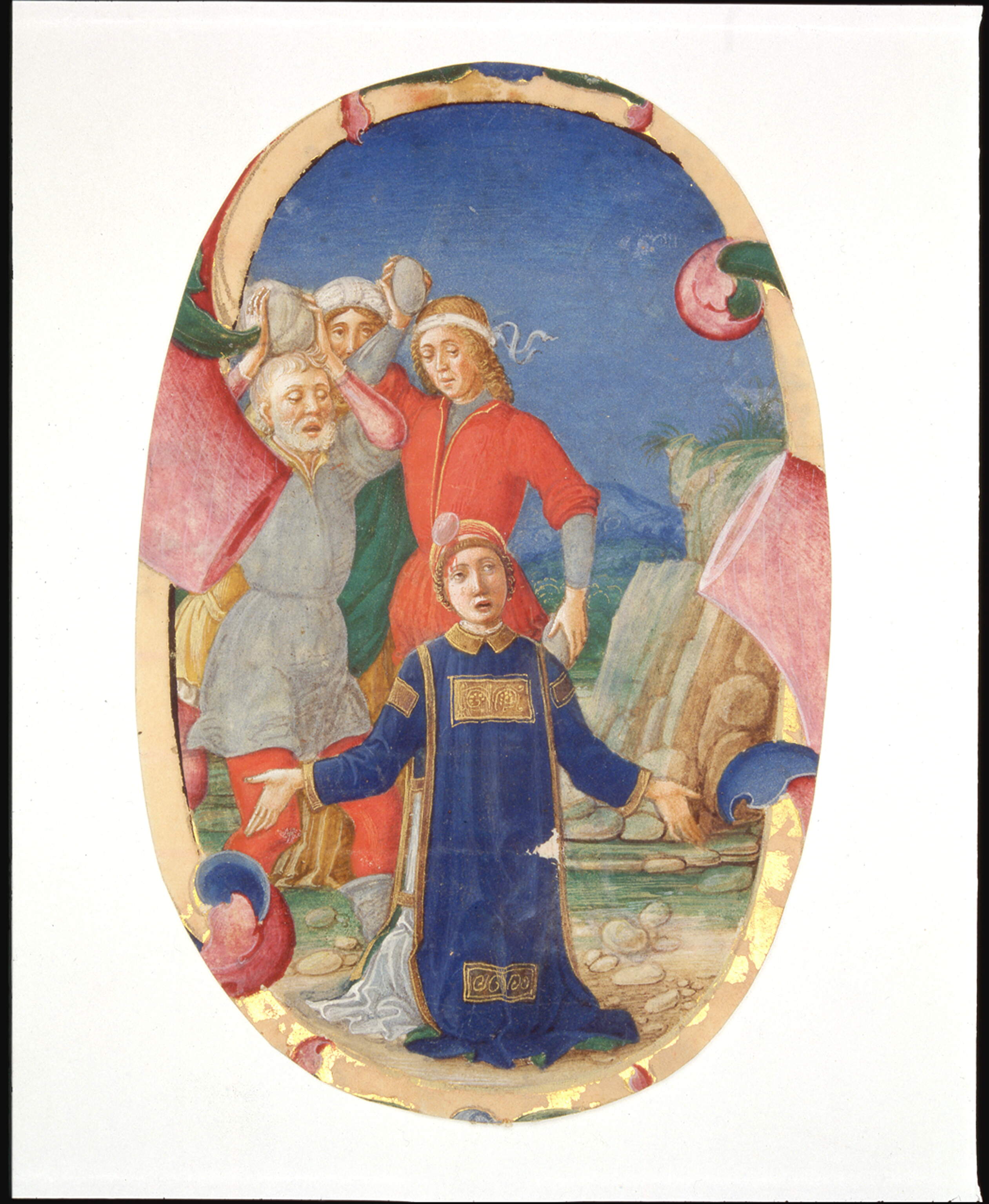 Minima parte di iniziale "S" istoriata con "Lapidazione di santo Stefano", lapidazione di Santo Stefano (miniatura, frammento) di Dai Libri Francesco (secc. XV-XV)