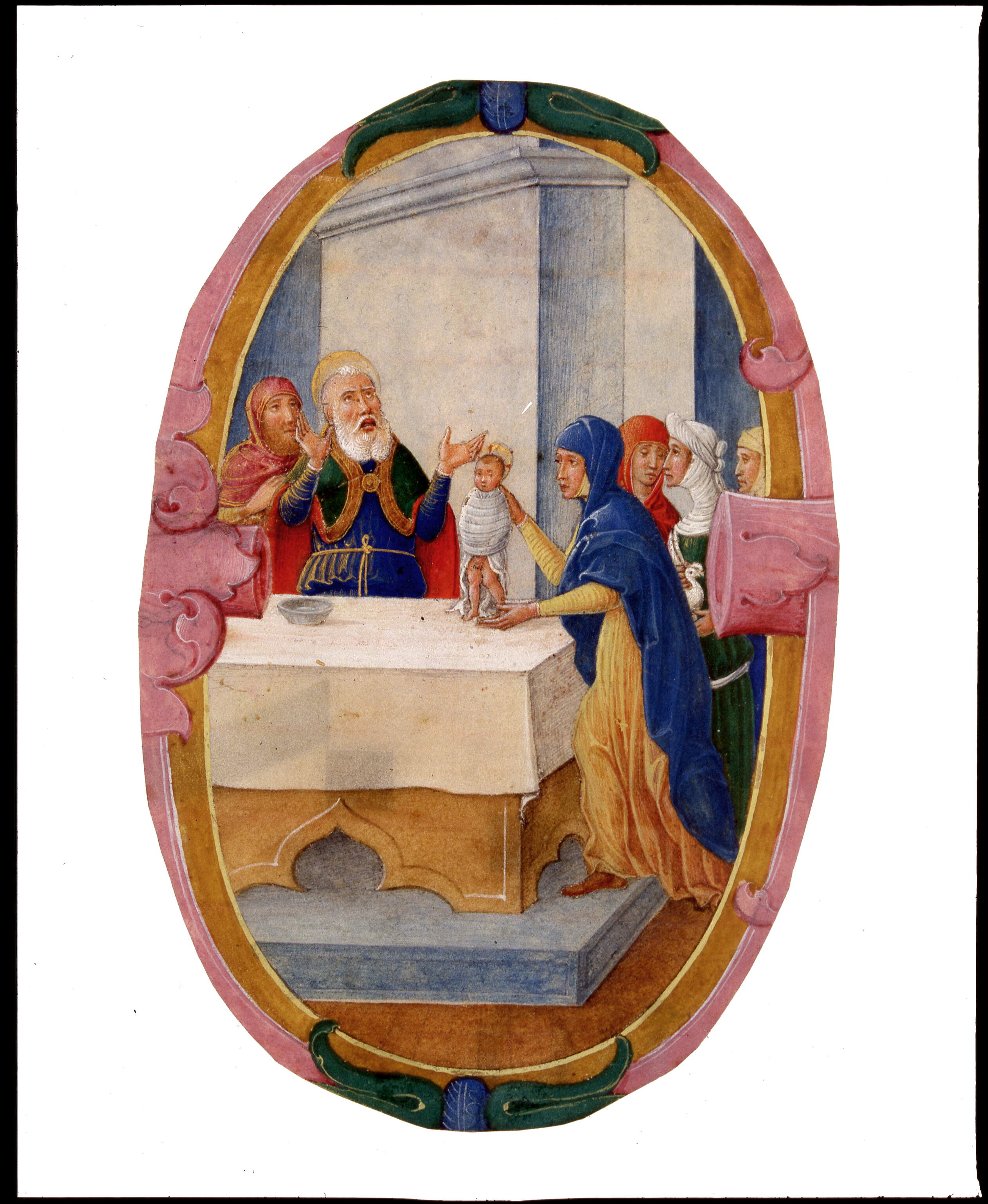 Parte di iniziale "E", istoriata con "Presentazione del Bambino al tempio", presentazione di Gesù al tempio (miniatura, frammento) di Dai Libri Francesco (secc. XV-XV)