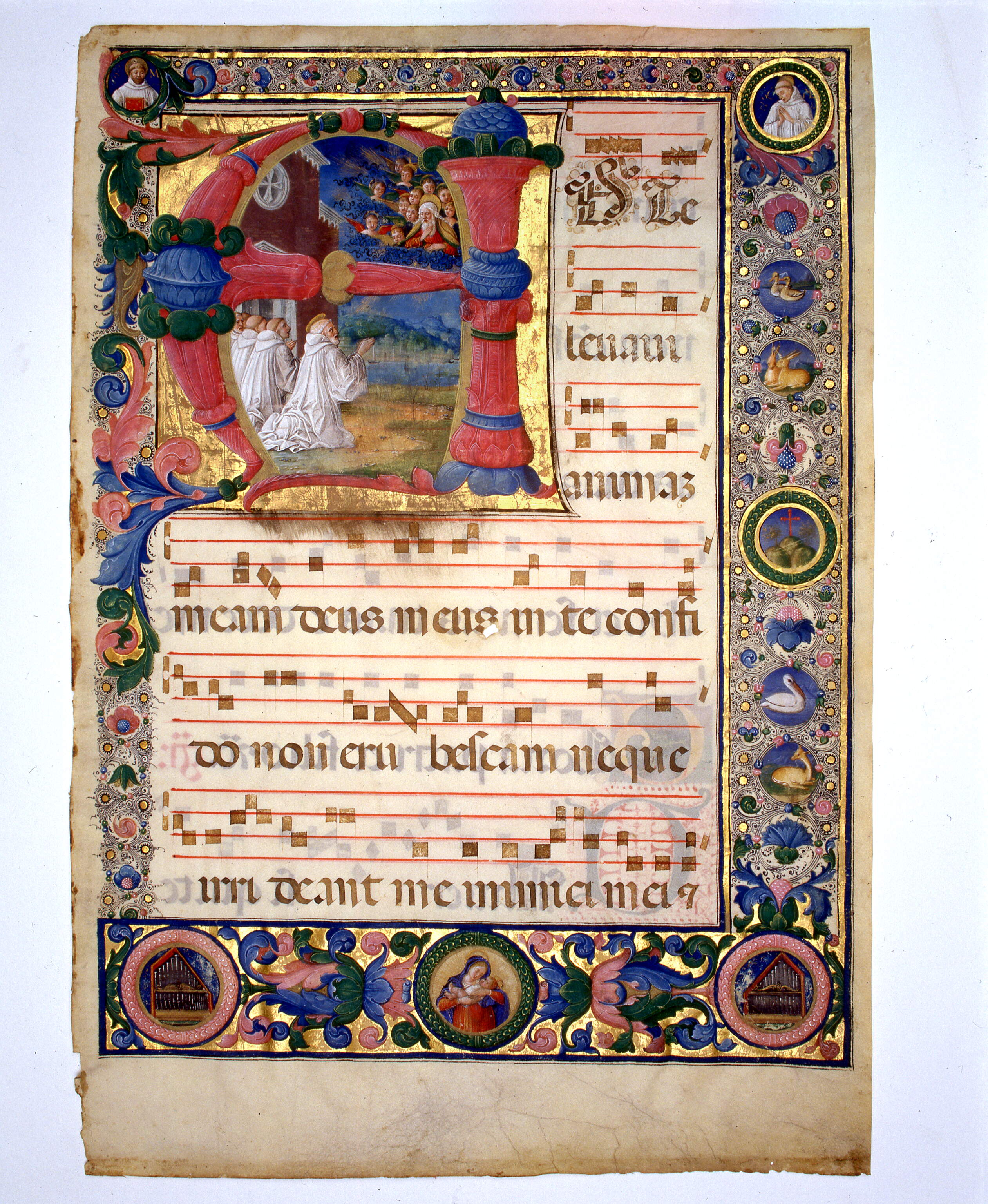Carta iniziale "Ad te levavi", monaci olivetani in preghiera, Madonna con Bambino (miniatura, frammento) di Dai Libri Francesco, Dai Libri Girolamo (secc. XV-XV)