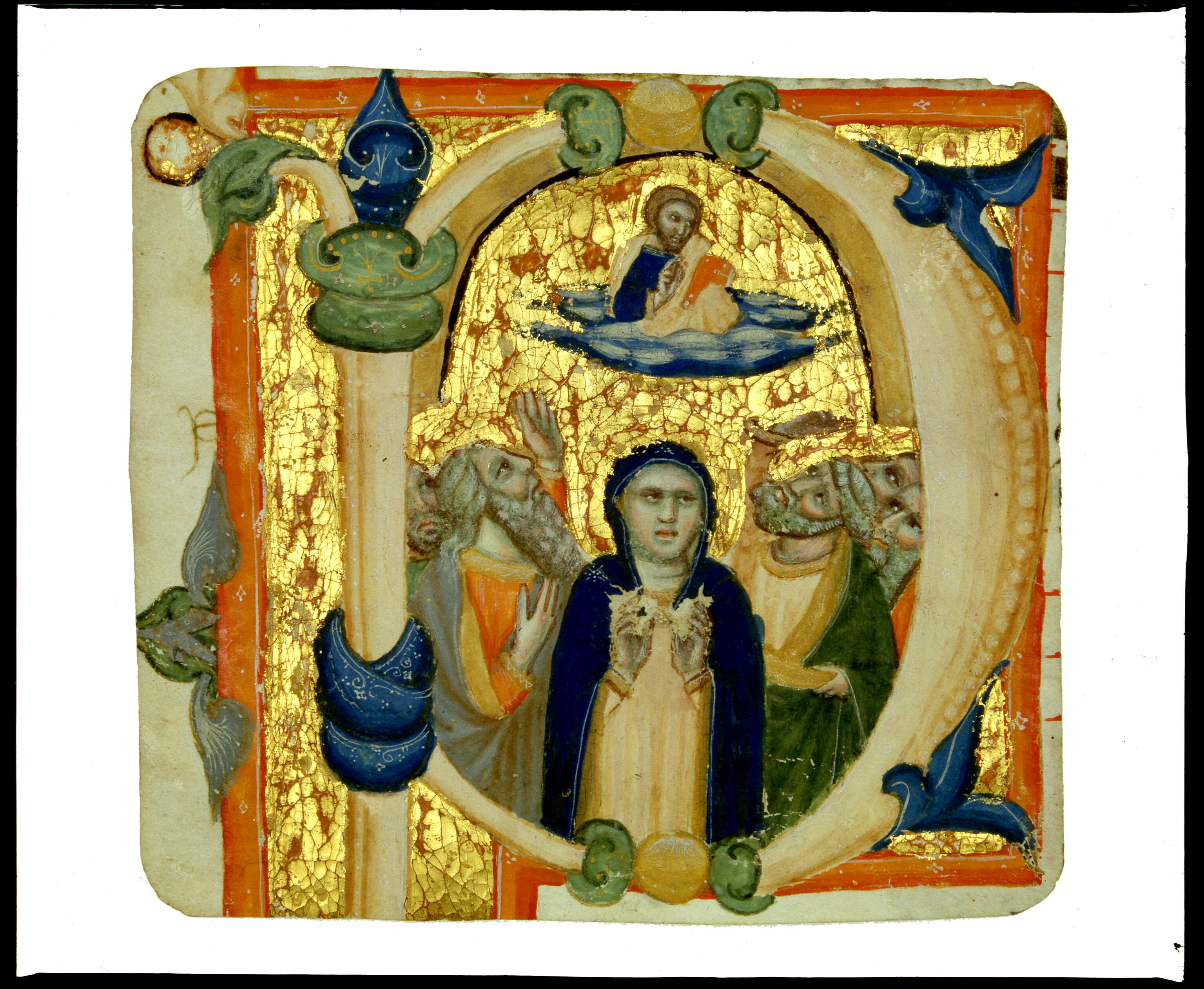 Iniziale "P" (Ascensione di Cristo), ascensione di Cristo (miniatura, frammento) di Niccolò di Ser Sozzo (cerchia) - ambito senese (metà sec. XIV)
