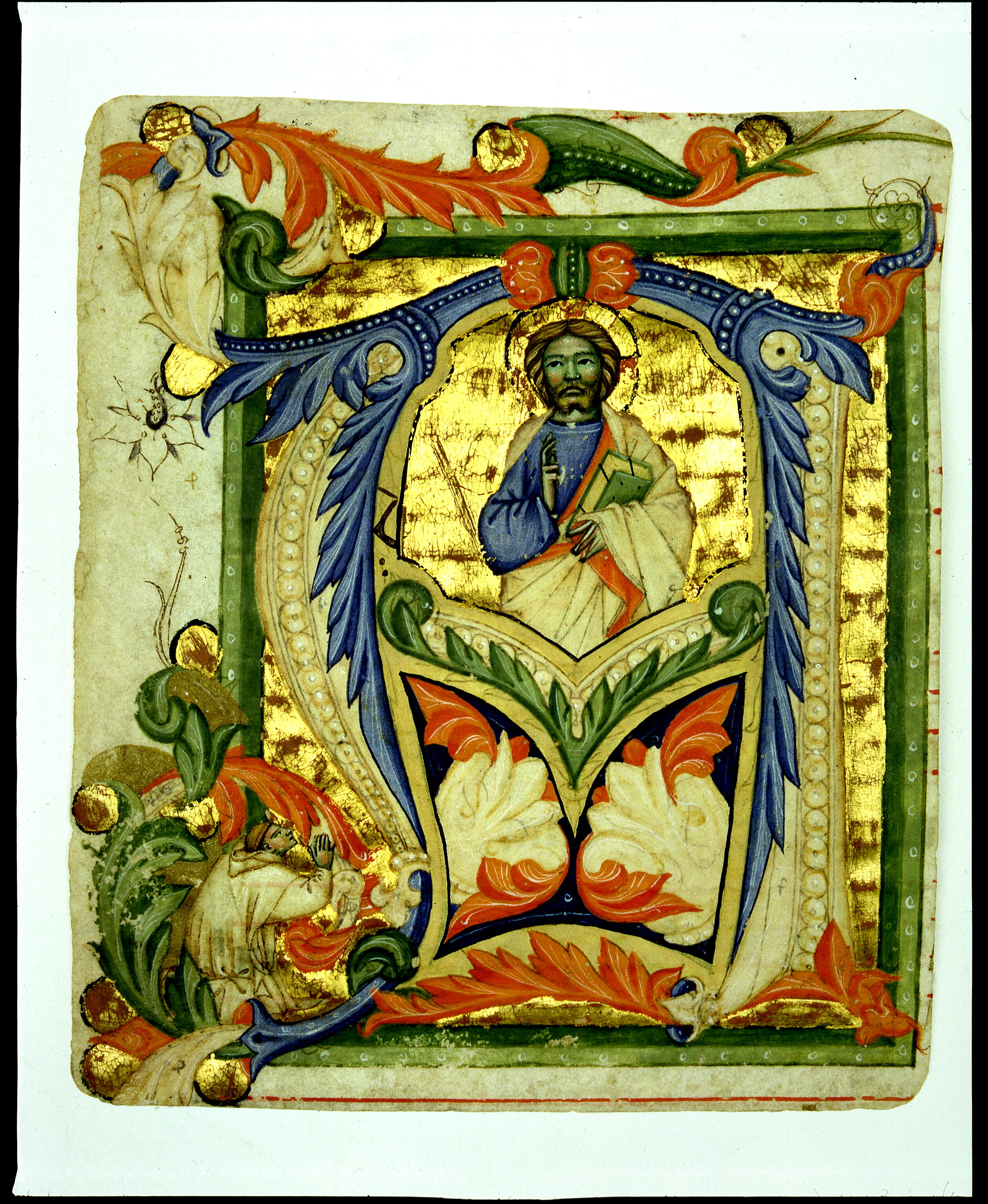 Iniziale "A" (Cristo benedicente e monaco in preghiera), Cristo benedicente (miniatura, frammento) di Andrea di Bartolo (cerchia) - ambito senese (sec. XIV)