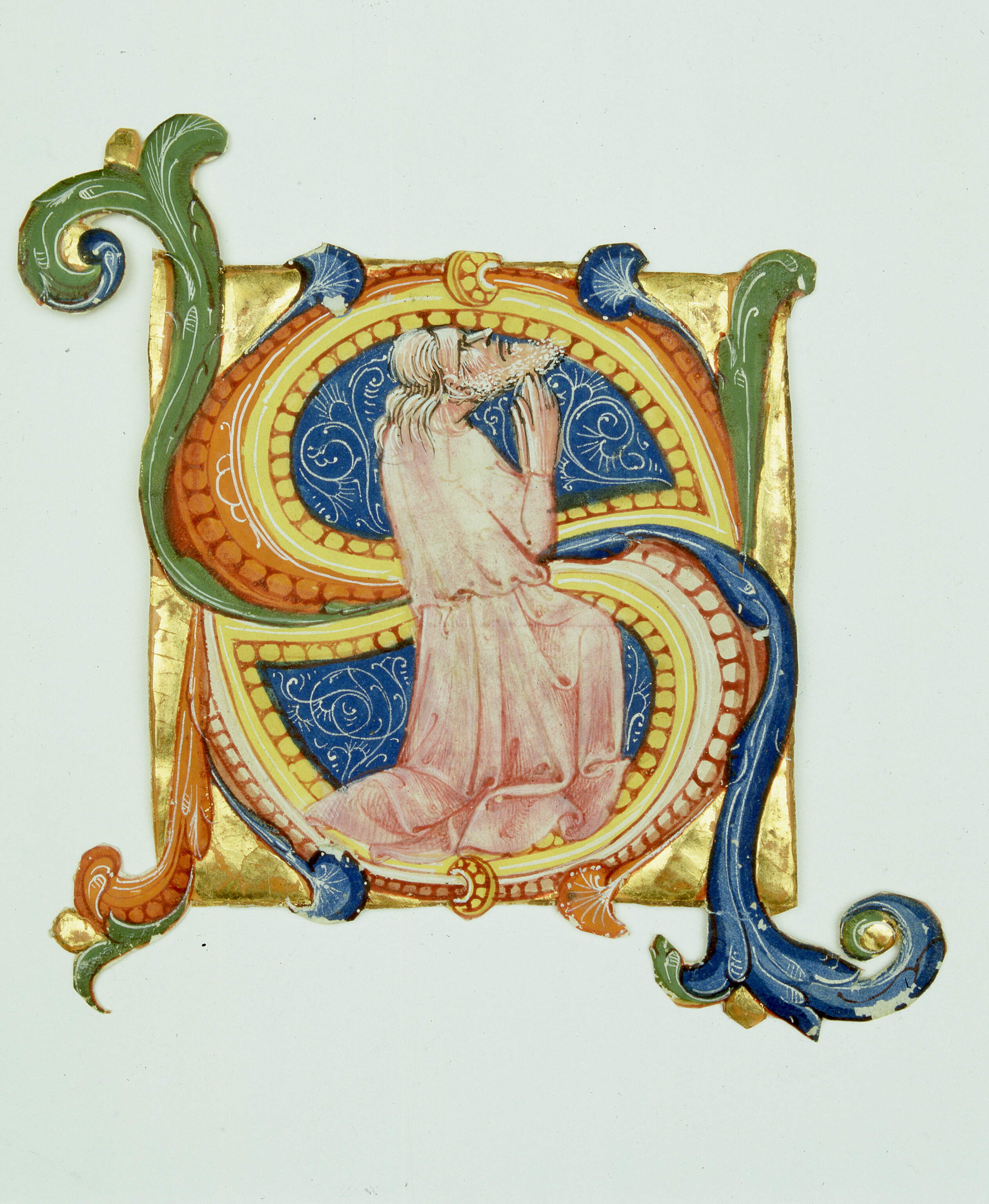 Iniziale "S" (Salmista inginocchiato in atto di preghiera), salmista in preghiera (miniatura, frammento) di Scuola degli Angeli - ambito fiorentino (inizio sec. XV)
