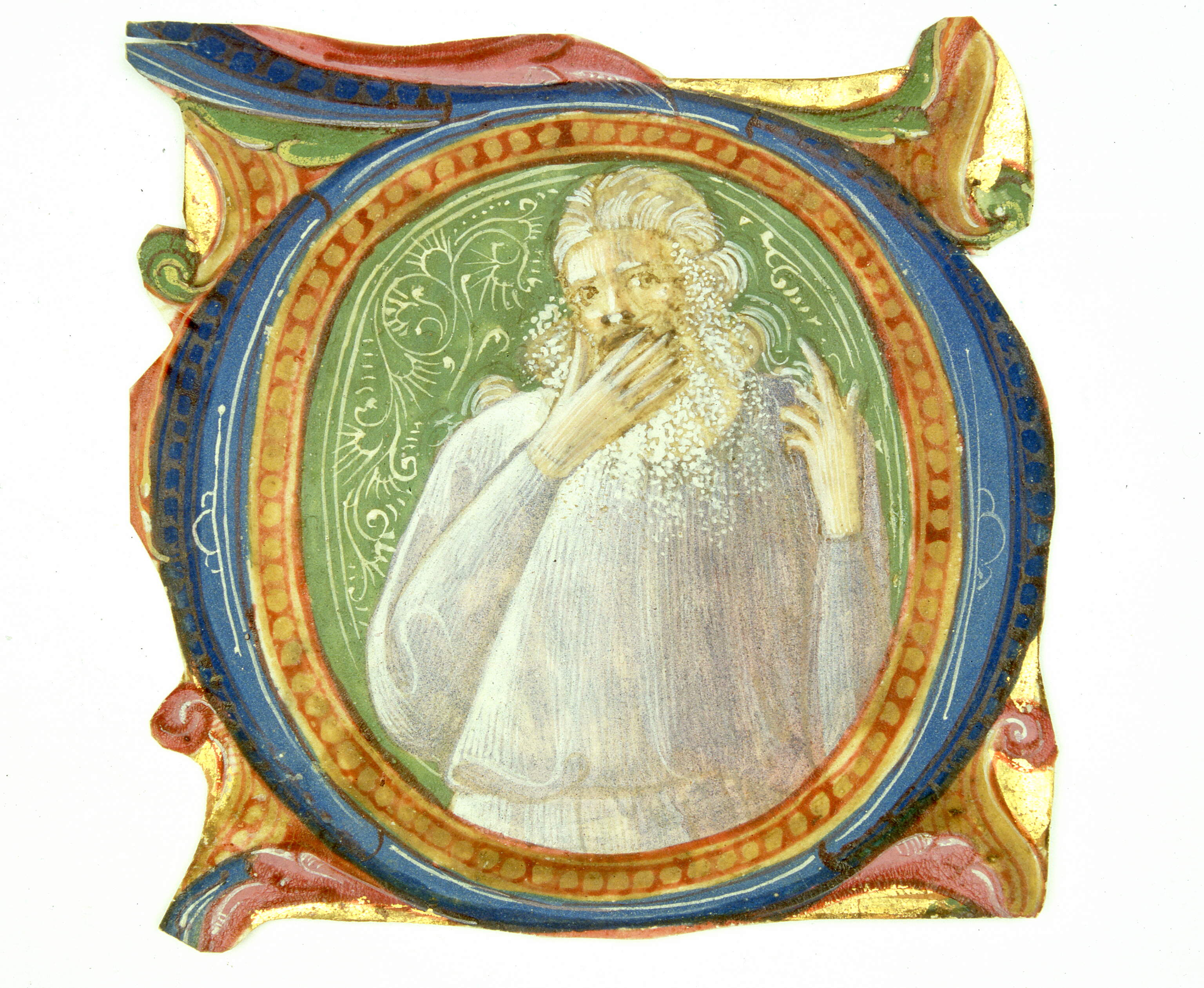 Iniziale "D" (Salmista che con le mani si chiude la bocca), salmista che con le mani si chiude la bocca (miniatura, frammento) di Scuola degli Angeli - ambito fiorentino (inizio sec. XV)