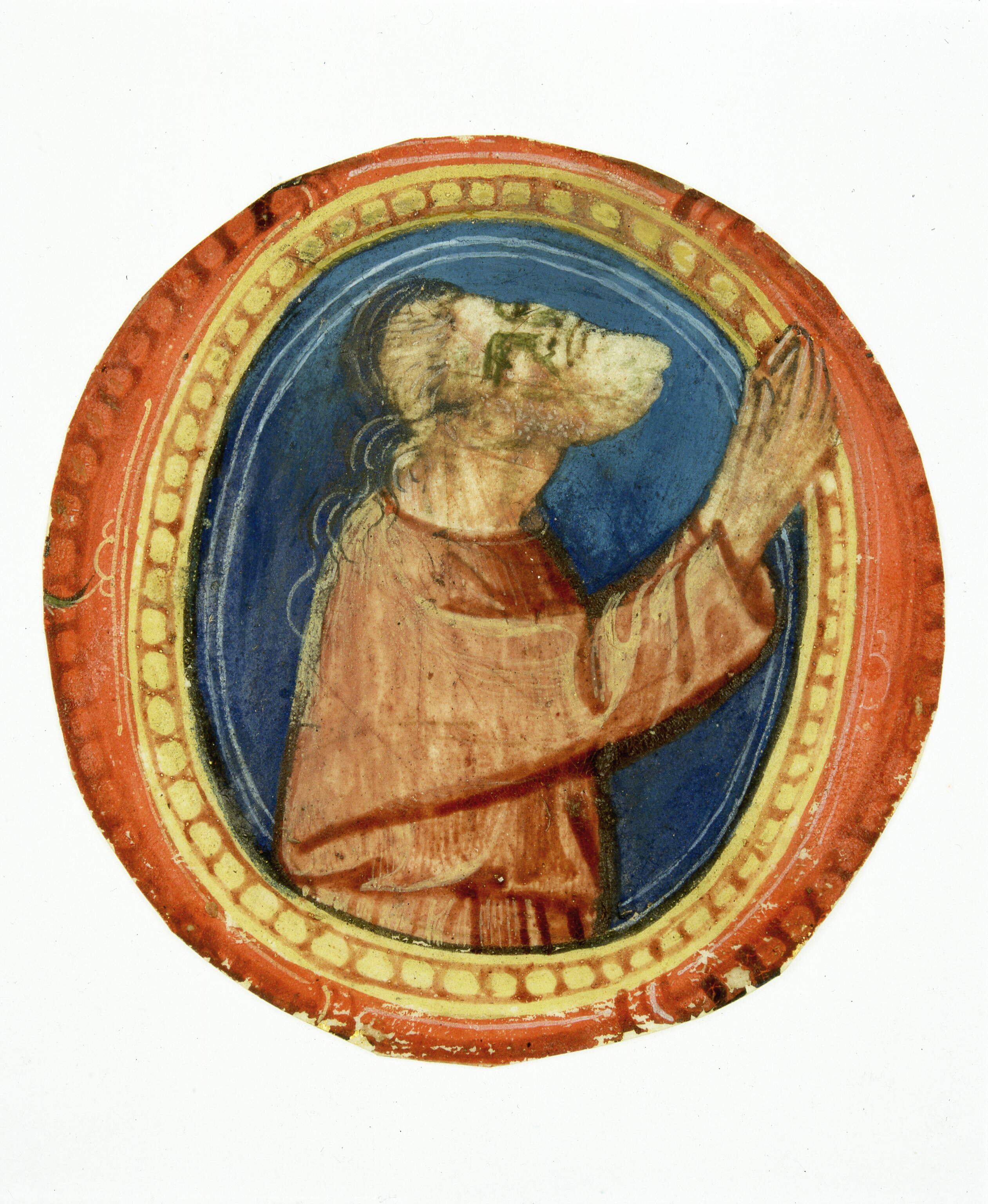 Iniziale "O" (?) (Salmista in preghiera), salmista in preghiera (miniatura, frammento) di Scuola degli Angeli - ambito fiorentino (inizio sec. XV)