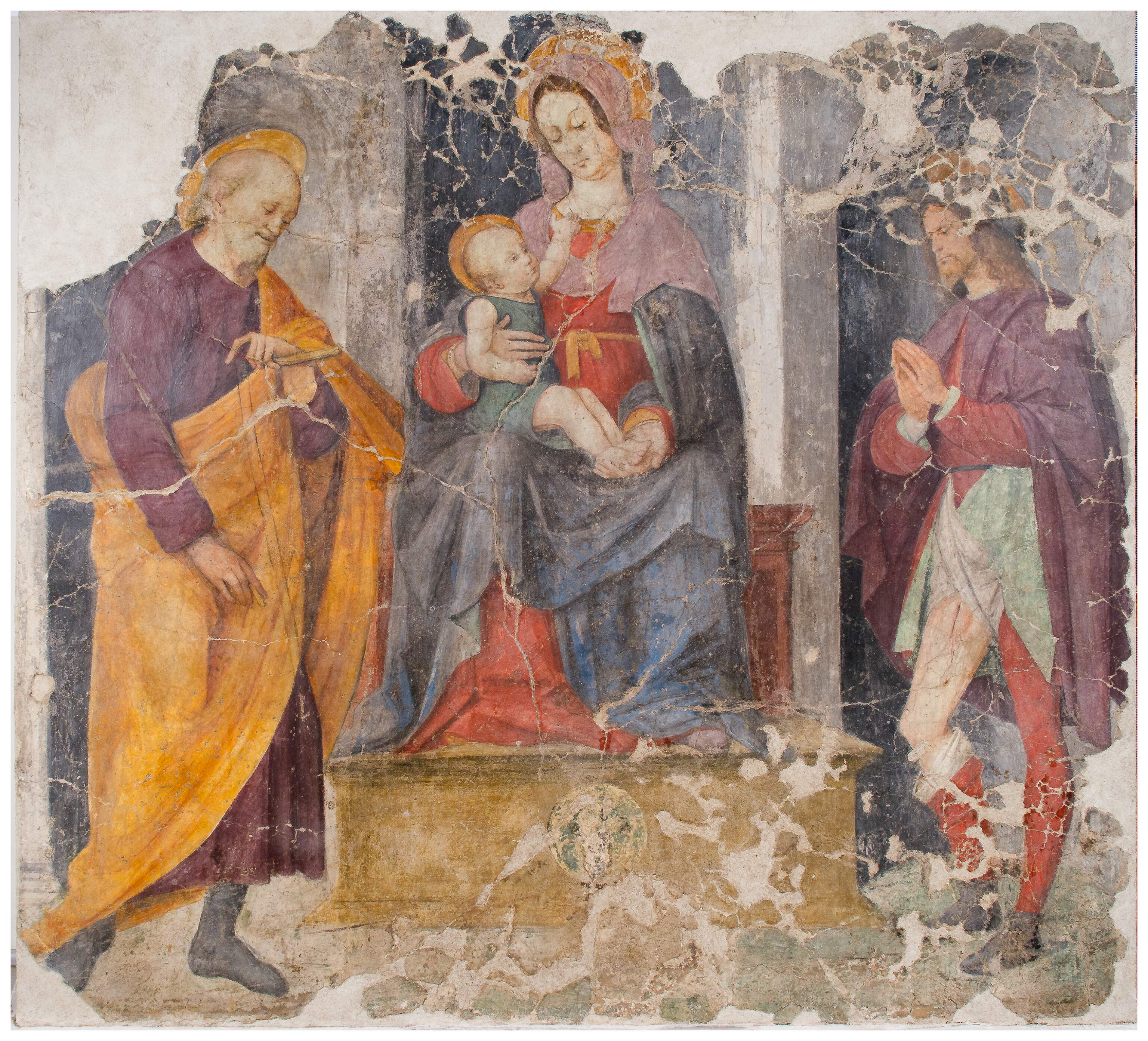 Madonna con il bambino in trono tra i santi Giuseppe e Rocco, Madonna con il bambino in trono tra i santi Giuseppe e Rocco (dipinto murale, frammento) di Verla Francesco (sec. XVI)