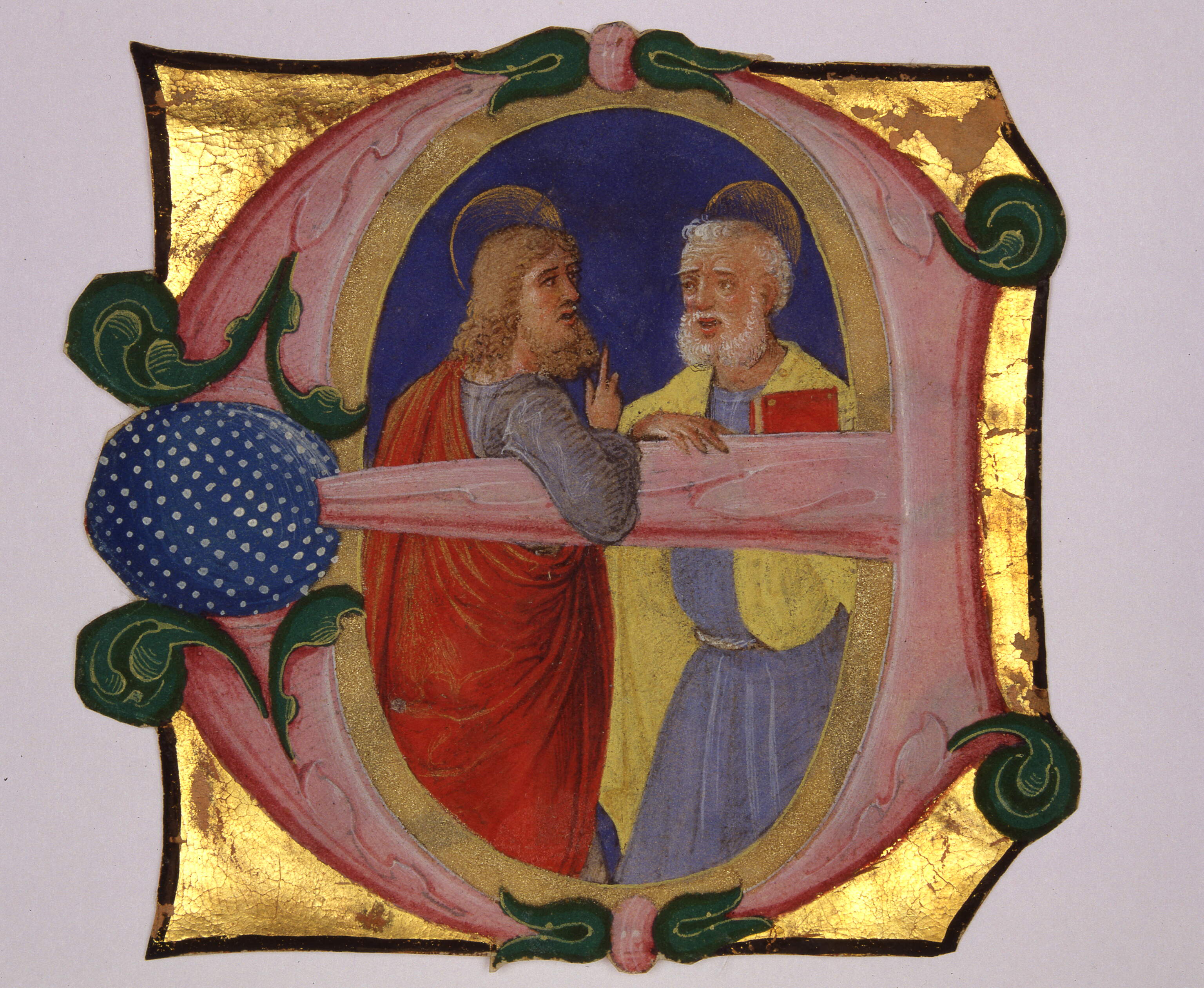 Iniziale "E[xsultet caelum laudibus]" (?), apostoli (miniatura, frammento) di Dai Libri Francesco (secc. XVI-XVI)