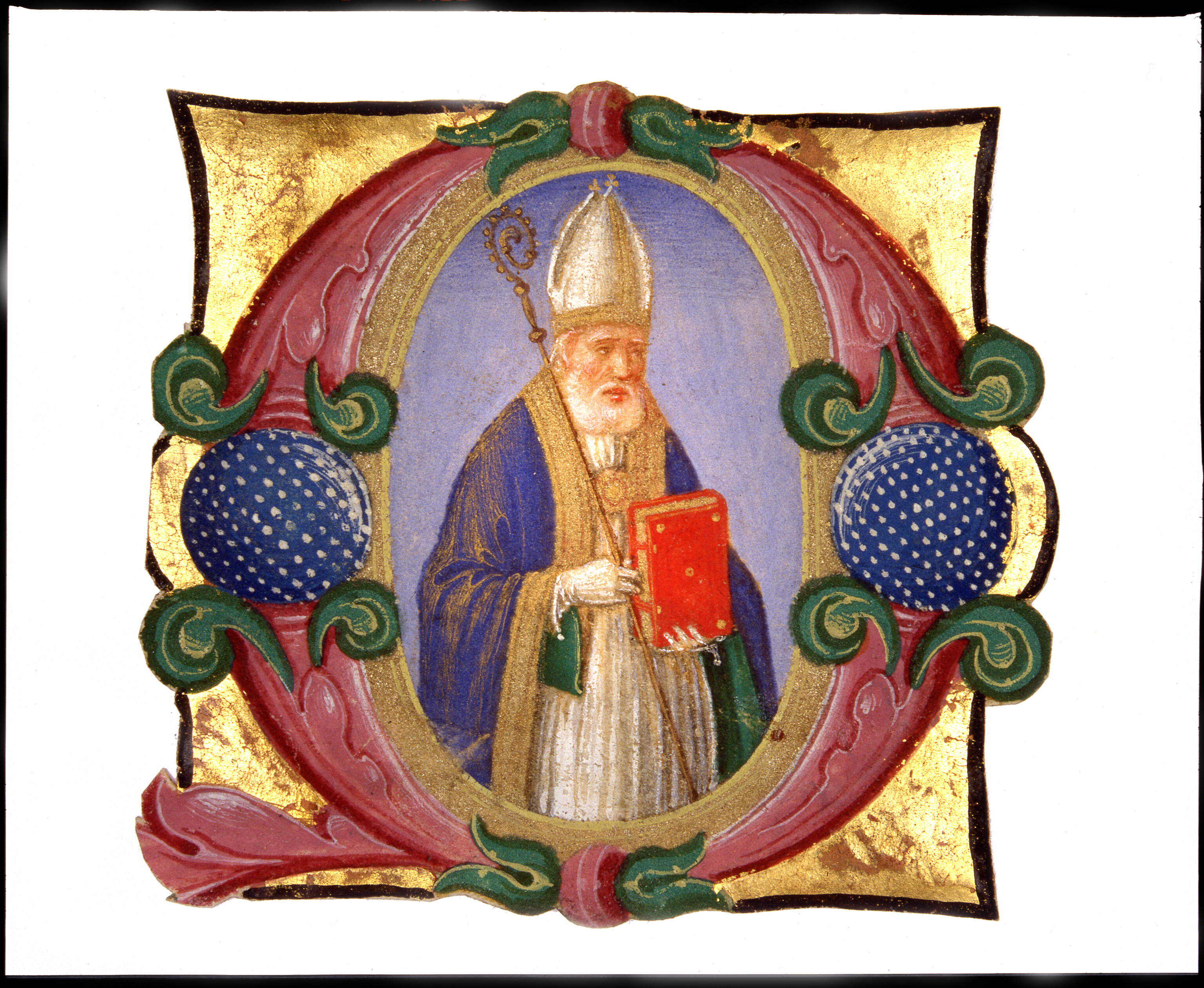 Iniziale "Q" figurata con "Abate o vescovo con mitria, pastorale e libro rosso chiuso", abate (miniatura, frammento) di Dai Libri Francesco (bottega), Dai Libri Girolamo (bottega) (secc. XVI-XVI)