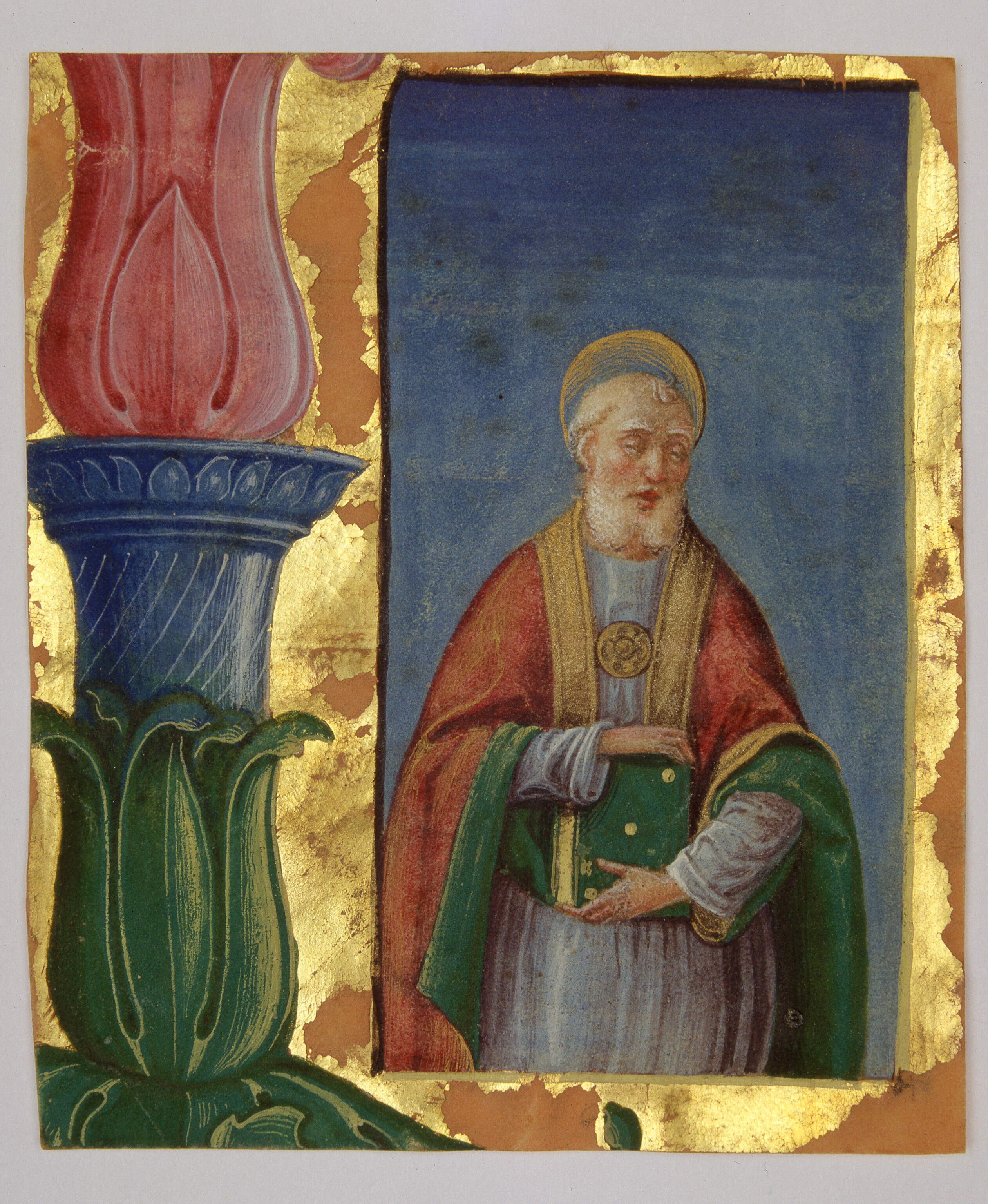 Parte di iniziale "I[ste confessor Domini]" (?), Santo (miniatura, frammento) di Dai Libri Francesco (secc. XVI-XVI)