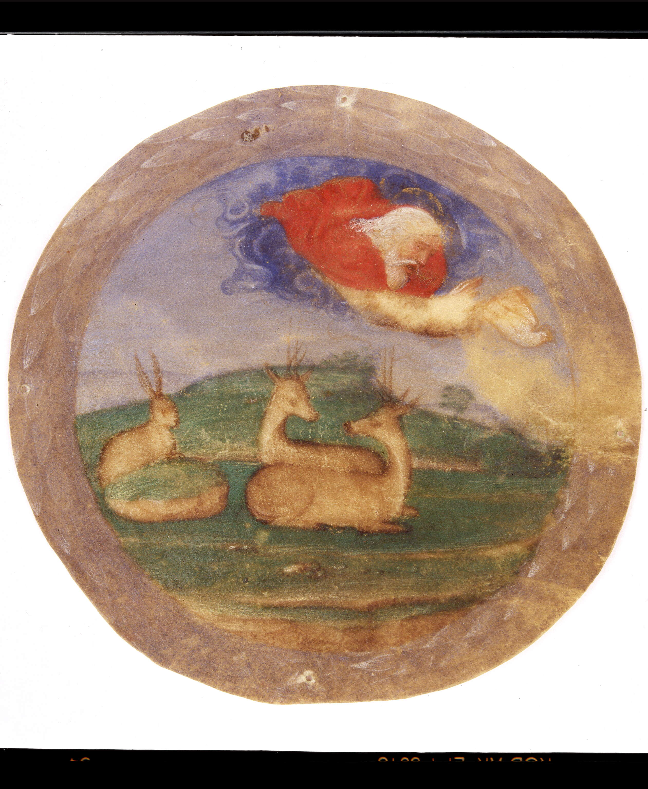 L'Eterno e lo Spirito santo, Dio Padre e colomba dello Spirito Santo (miniatura, frammento) di Dai Libri Girolamo (secc. XVI-XVI)