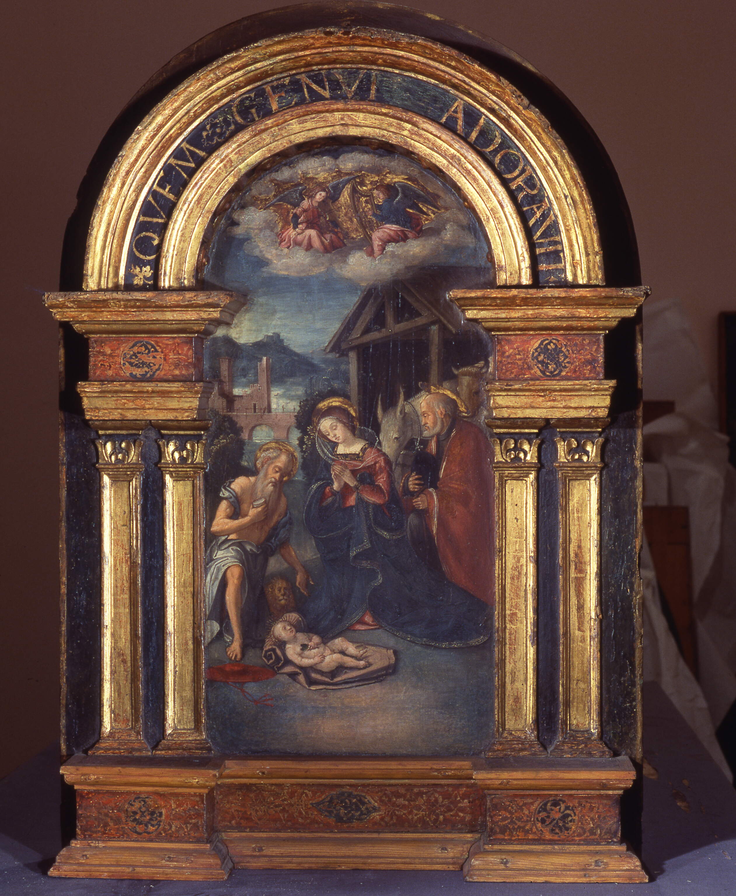 Natività con san Girolamo, natività di Gesù con San Girolamo (ancona, opera isolata) di Casella Francesco (sec. XVI)