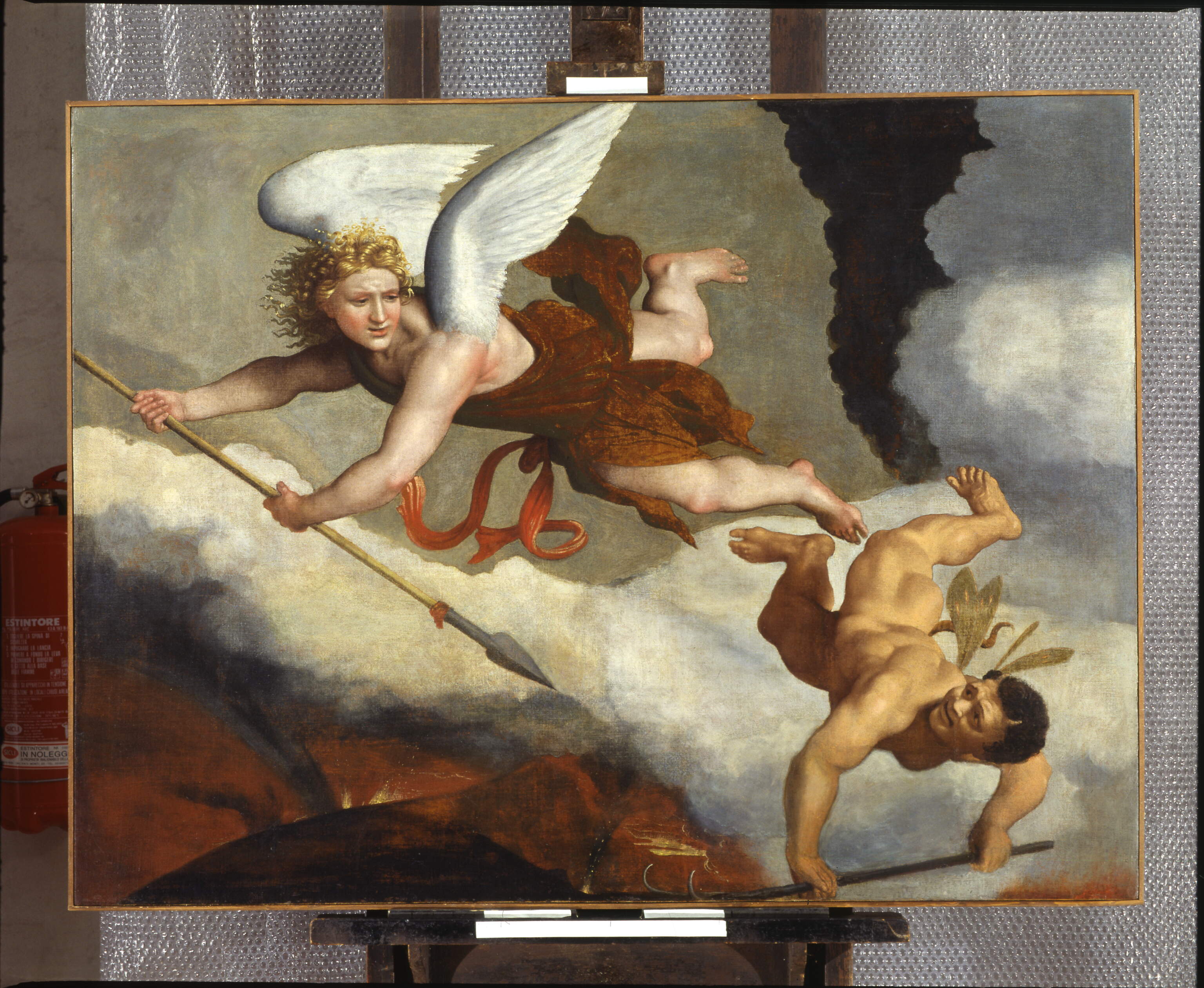 L'arcangelo Michele caccia Lucifero, L'arcangelo Michele caccia Lucifero (dipinto, opera isolata) di Caroto Giovanni Francesco (secc. XVI-XVI)