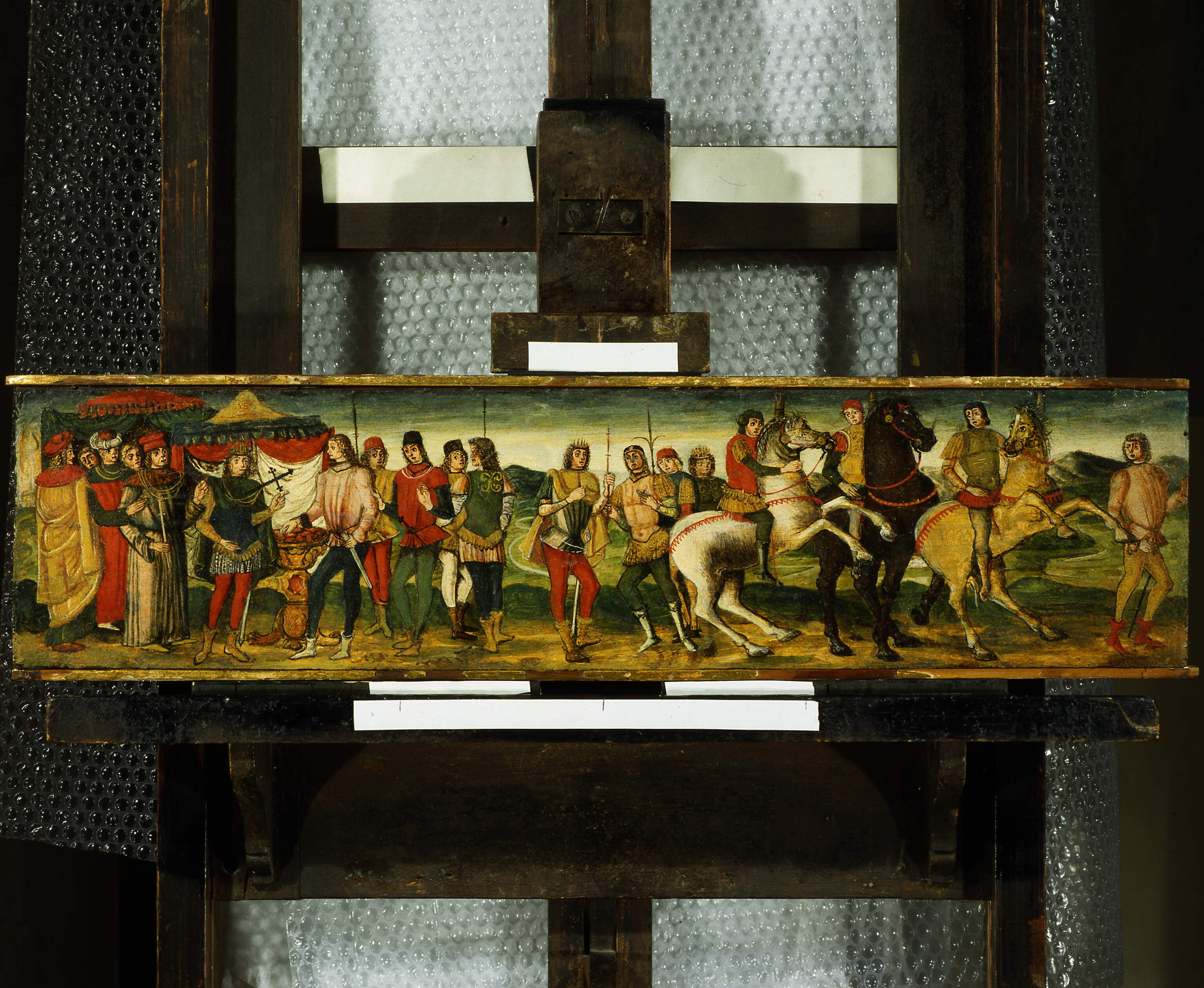 Muzio Scevola davanti a Porsenna, Caio Muzio Scevola davanti a Porsenna (cassone dipinto, opera isolata) - ambito italiano (sec. XIX)